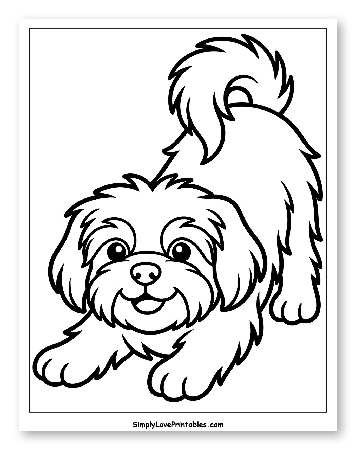 Cute Fluffy Dog in Play Bow Pose to Color for Toddlers