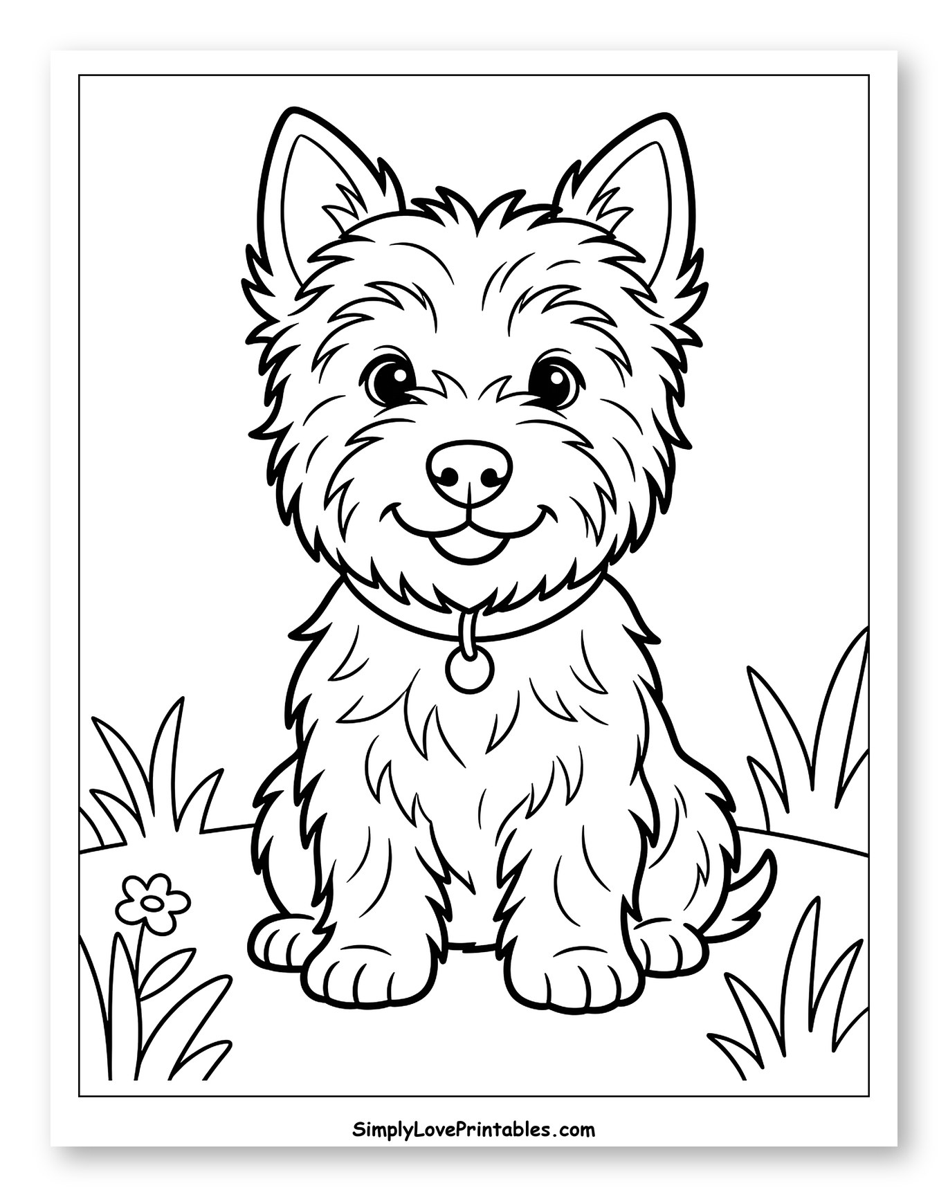 Cute Fluffy Dog Sitting in Grass Coloring Sheet for Toddlers