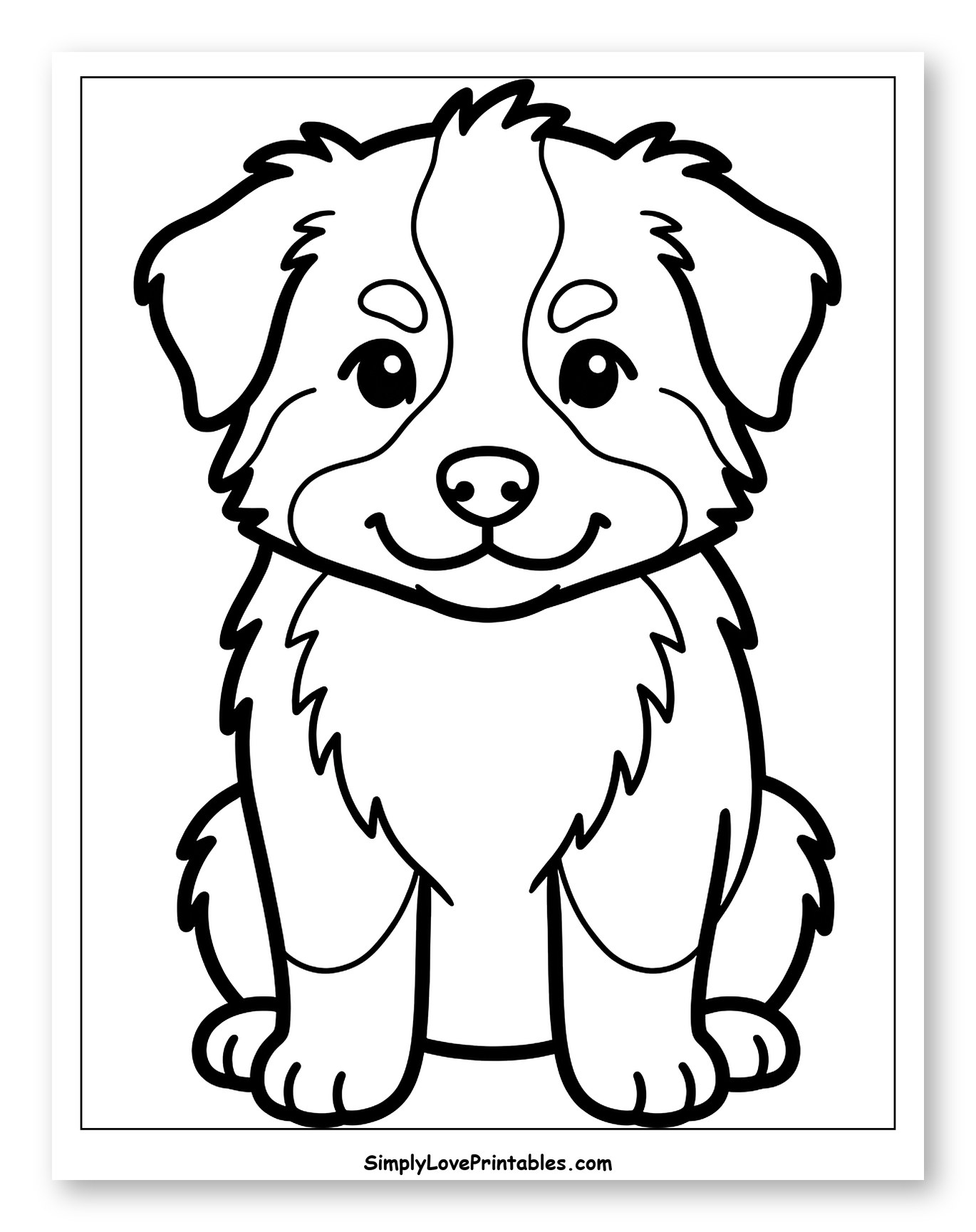 Cute Fluffy Puppy Sitting and Smiling Coloring Page for Toddlers