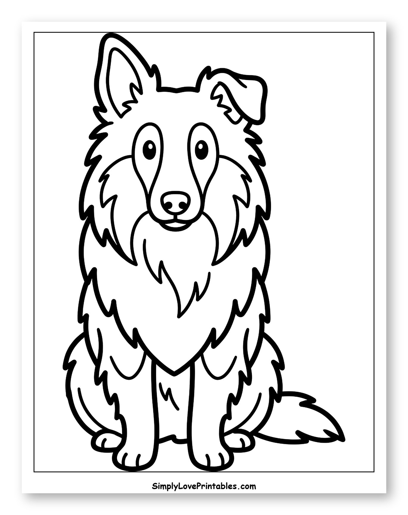 Cute Fluffy Shetland Sheepdog Sitting Coloring Page for Toddlers