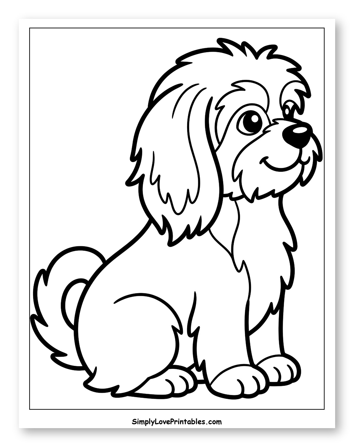 Cute Fluffy Shih Tzu Puppy Sitting Coloring Sheet for Toddlers