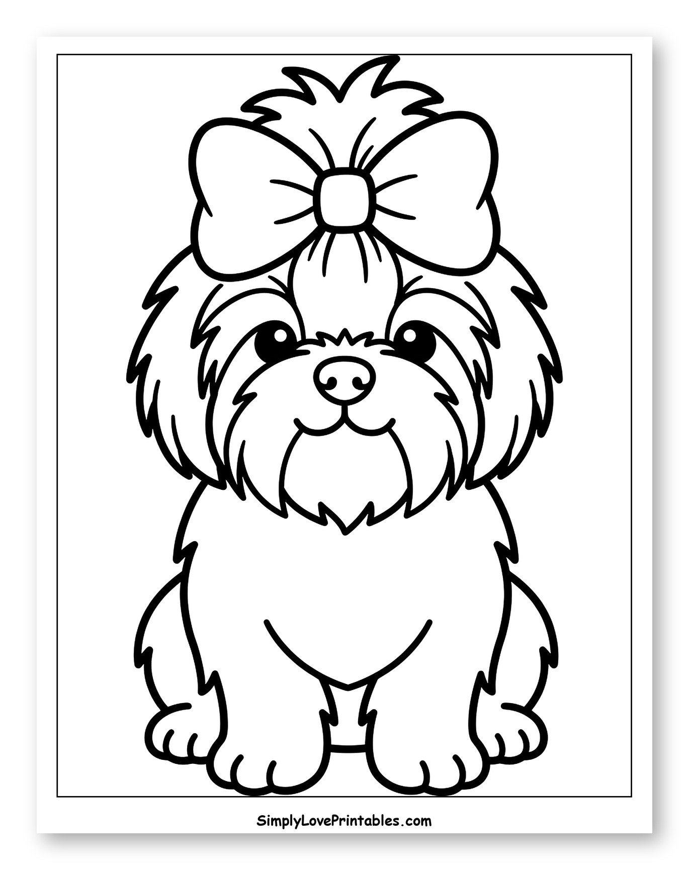 Cute Fluffy Shih Tzu Puppy with a Bow Coloring Sheet for Toddlers