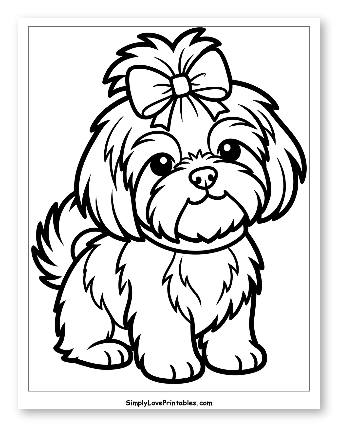 Cute Fluffy Shih Tzu Puppy with Bow Coloring Sheet for Toddlers