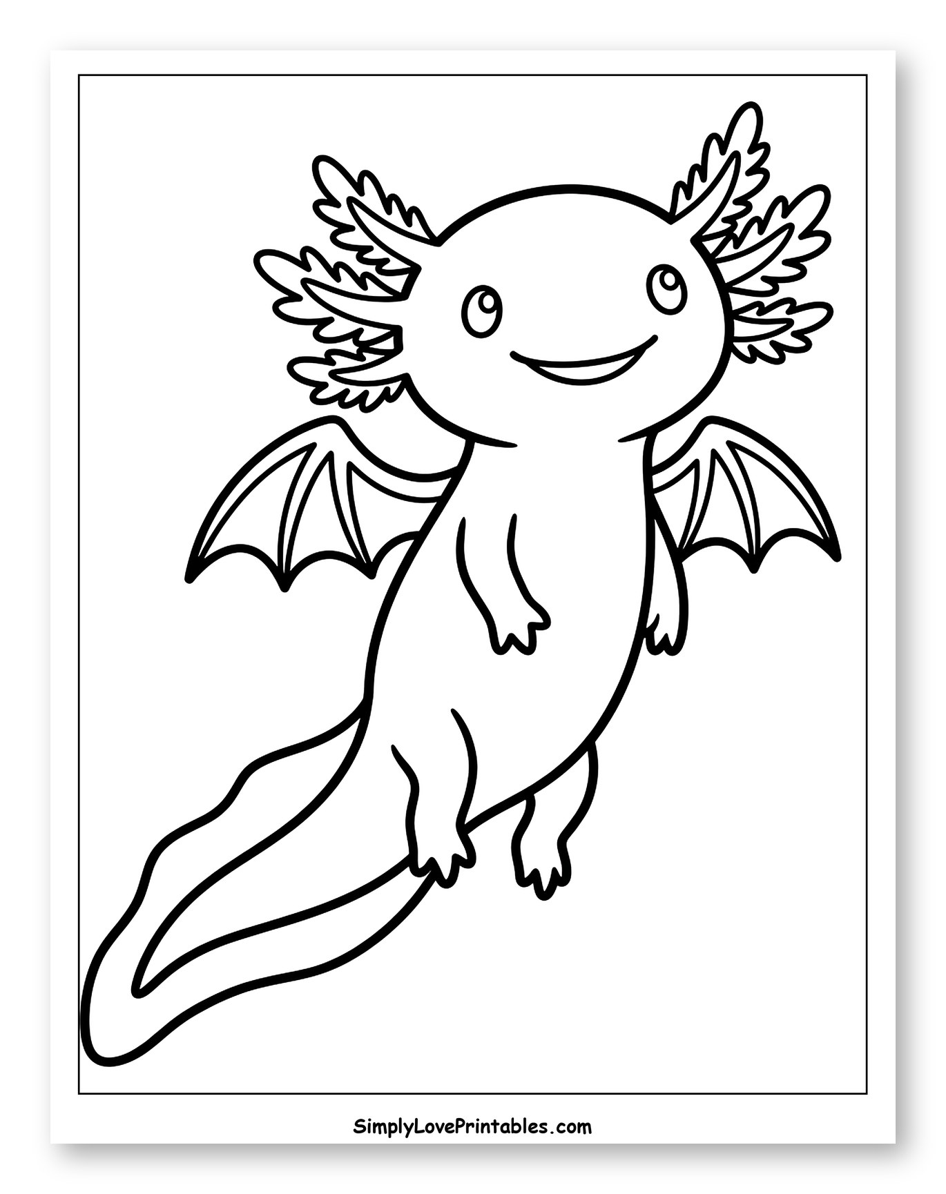 Cute Flying Axolotl with Dragon Wings Coloring Sheet for Toddlers
