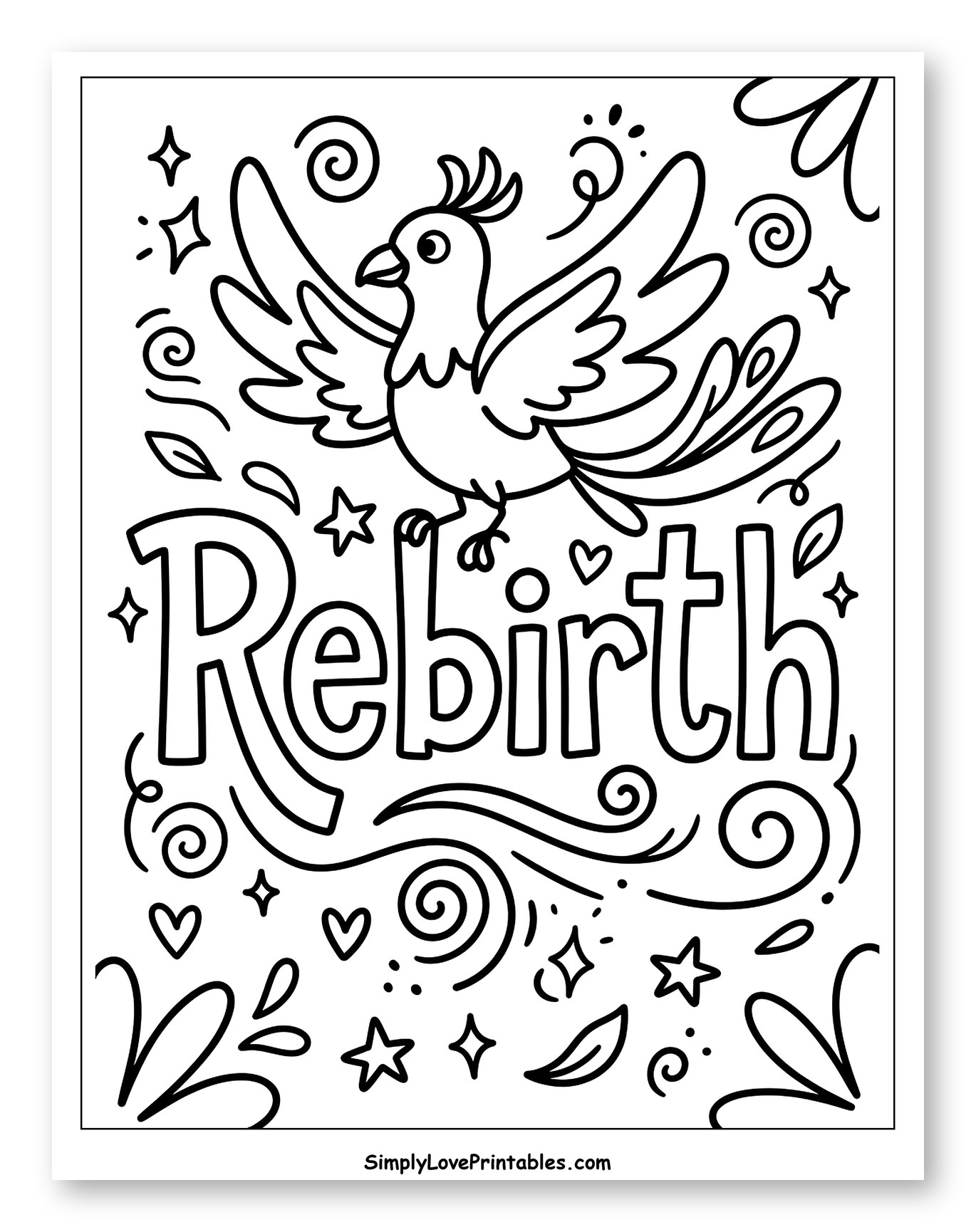 Cute Flying Bird with Rebirth Text and Doodles to Color for Adults