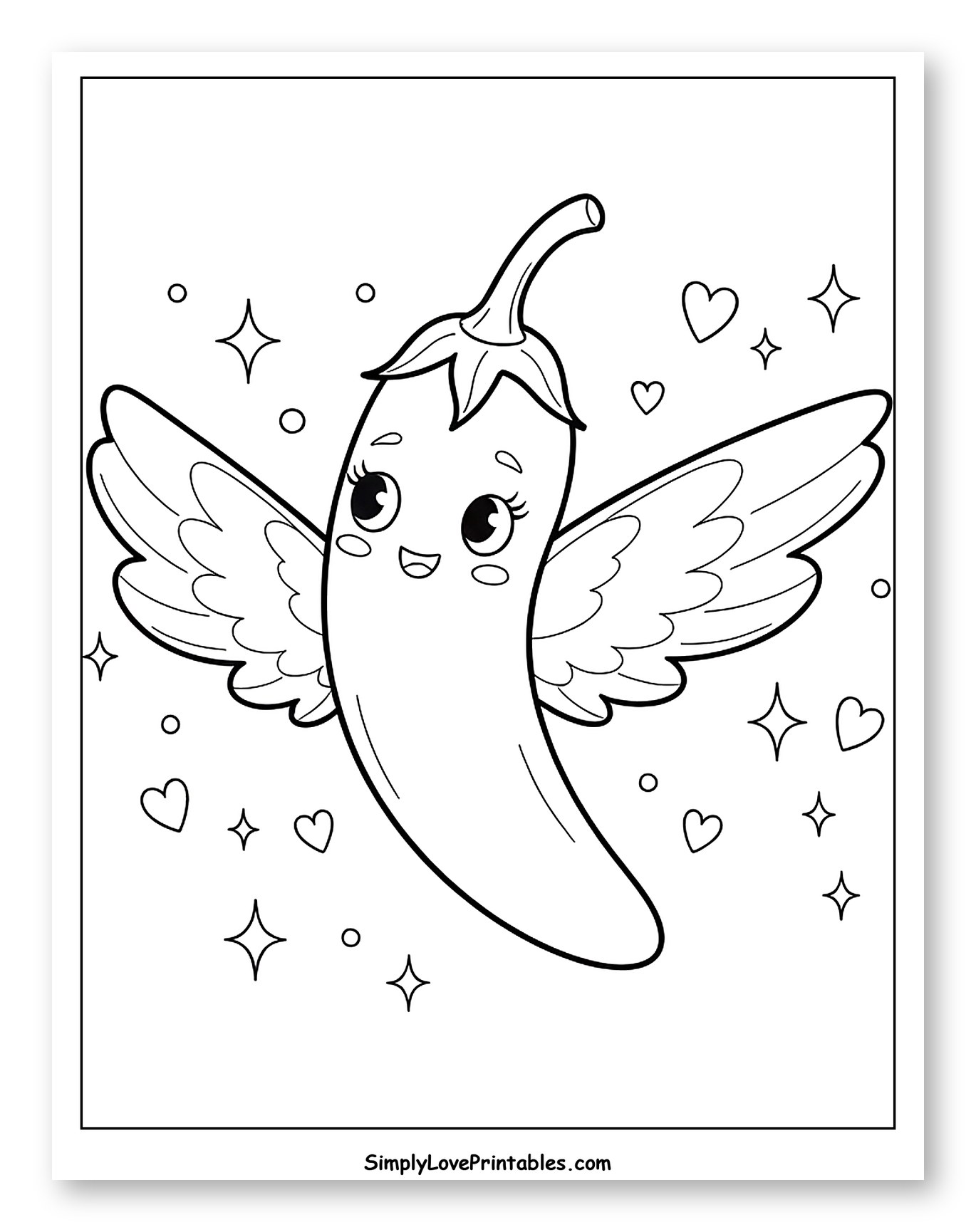 Cute Flying Chili Pepper with Wings and Stars Coloring Sheet for Adults