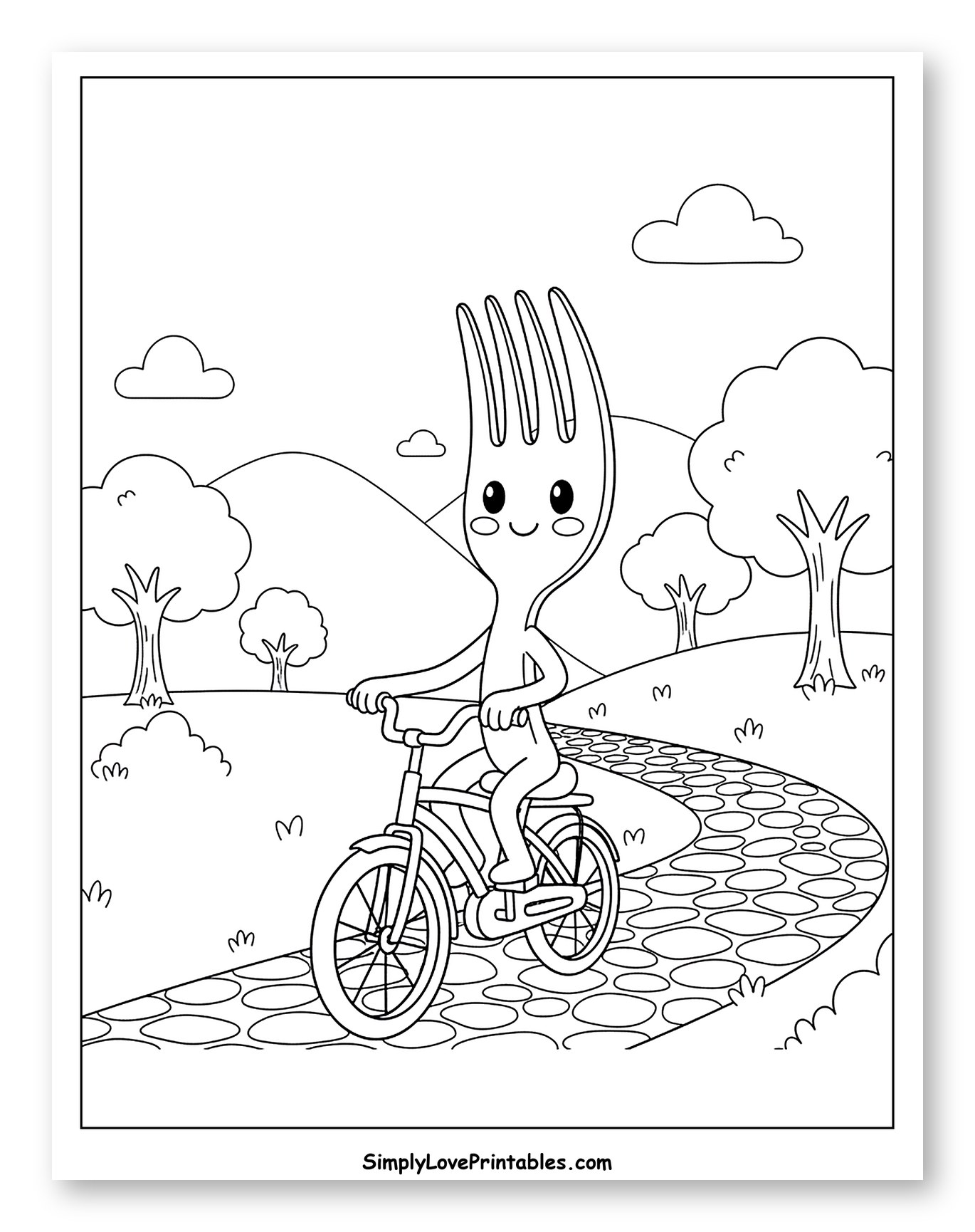 Cute Fork Character Riding a Bicycle Outdoors
