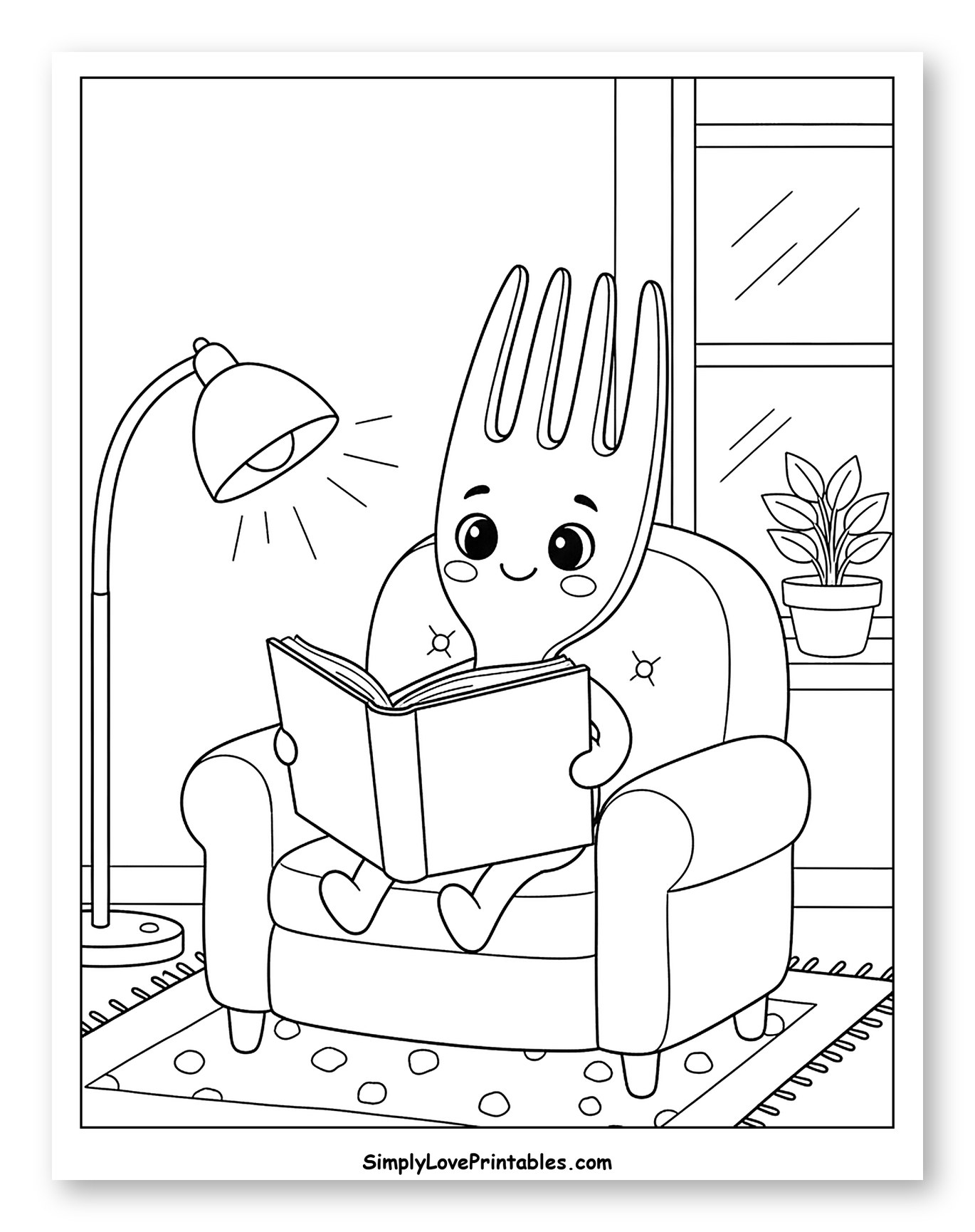 Cute Fork Reading a Book in Armchair Coloring Page for Kids