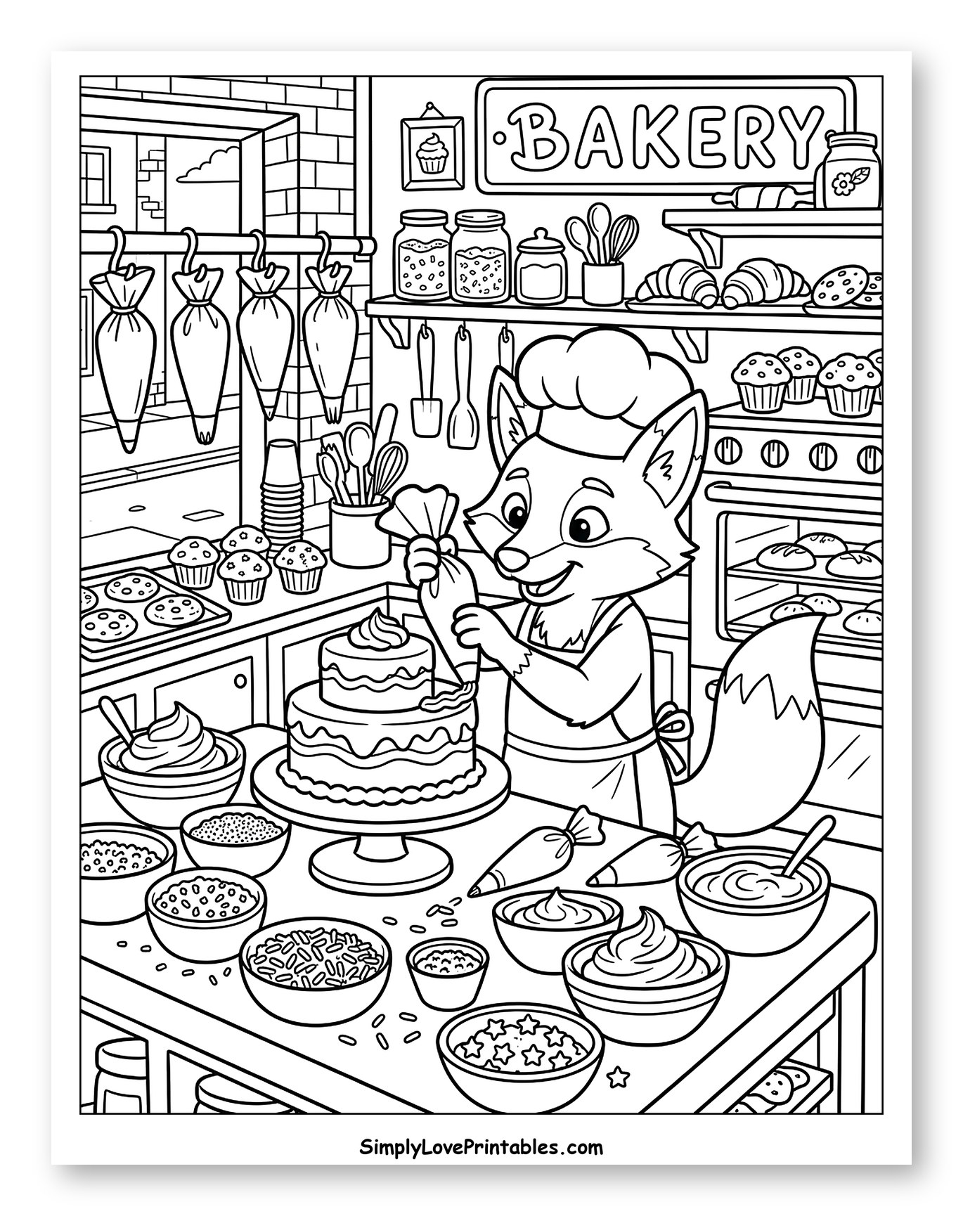 Cute Fox Baker Decorating a Cake Coloring Page for Kids