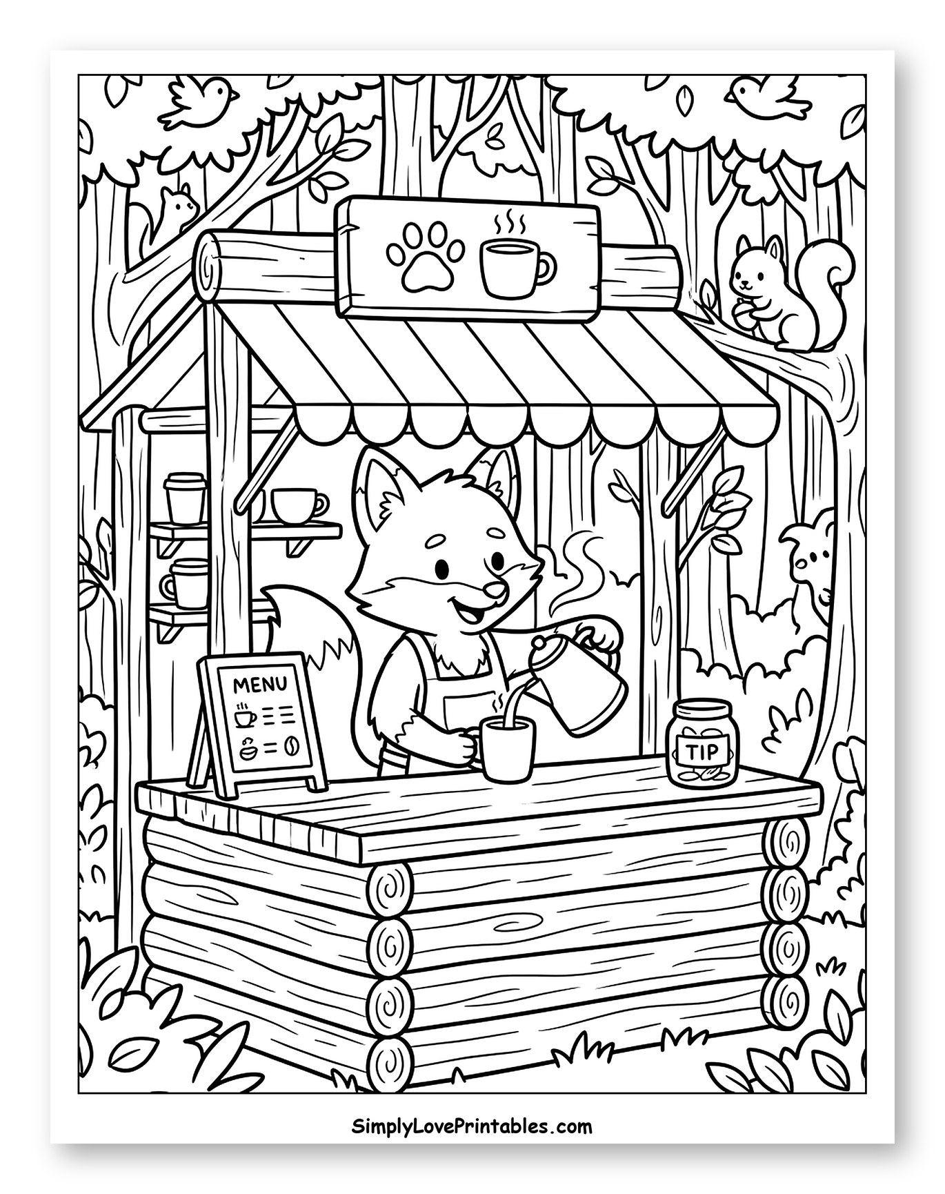 Cute Fox Brewing Coffee at Forest Stand to Color for Kids