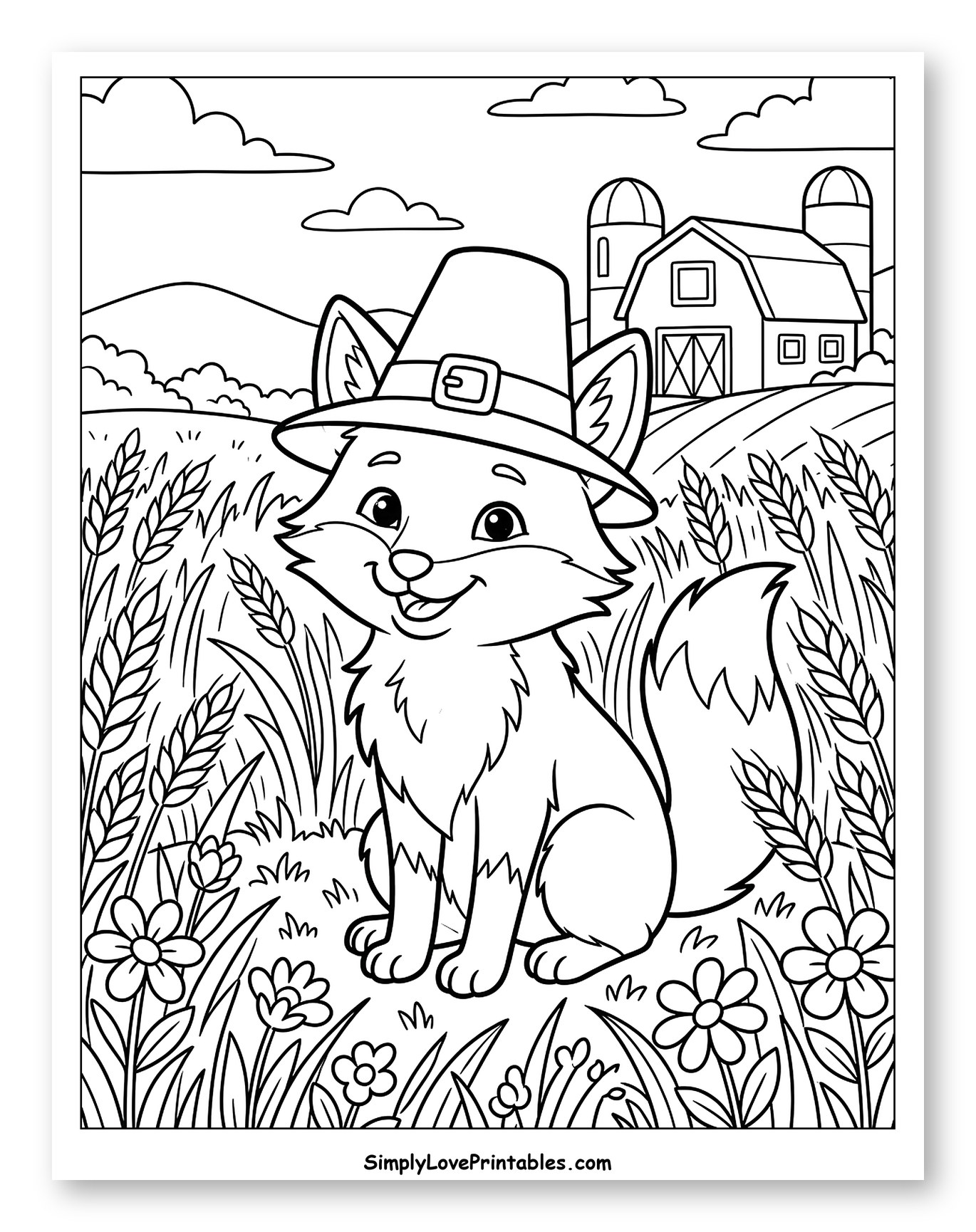 Cute Fox in Pilgrim Hat on a Farm to Color for Kids