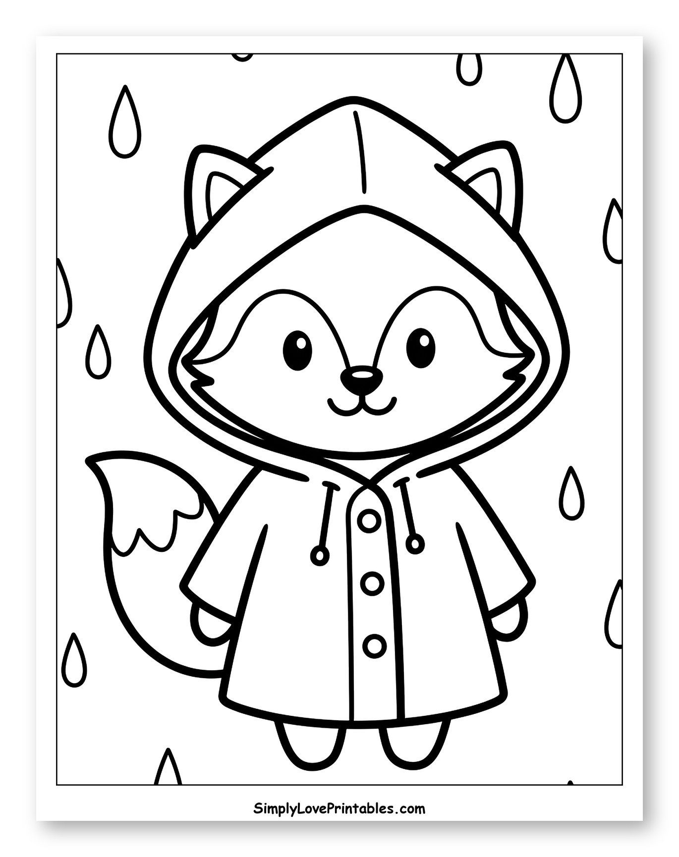 Cute Fox in Raincoat with Falling Raindrops