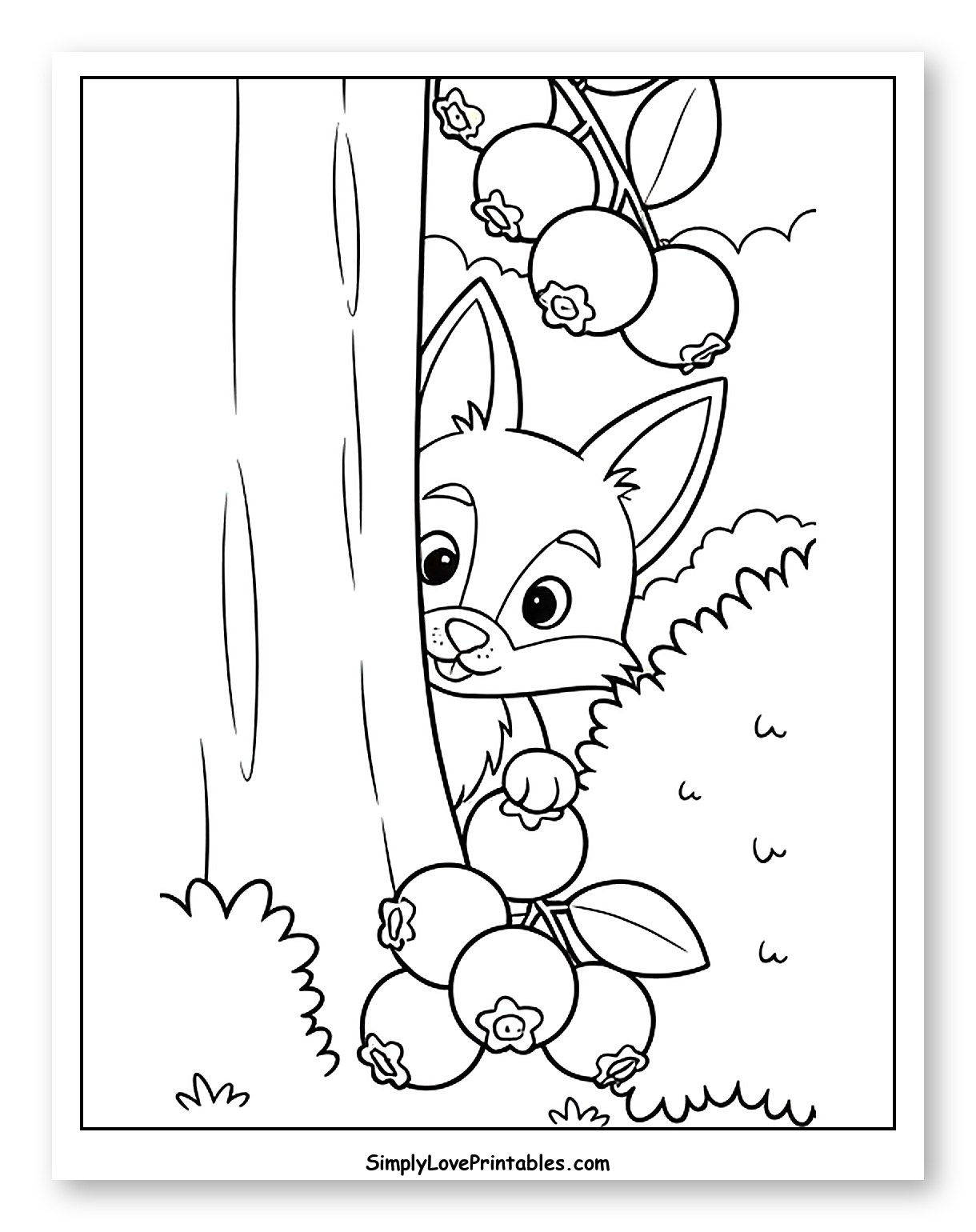 Cute Fox Peeking From Tree With Blueberries