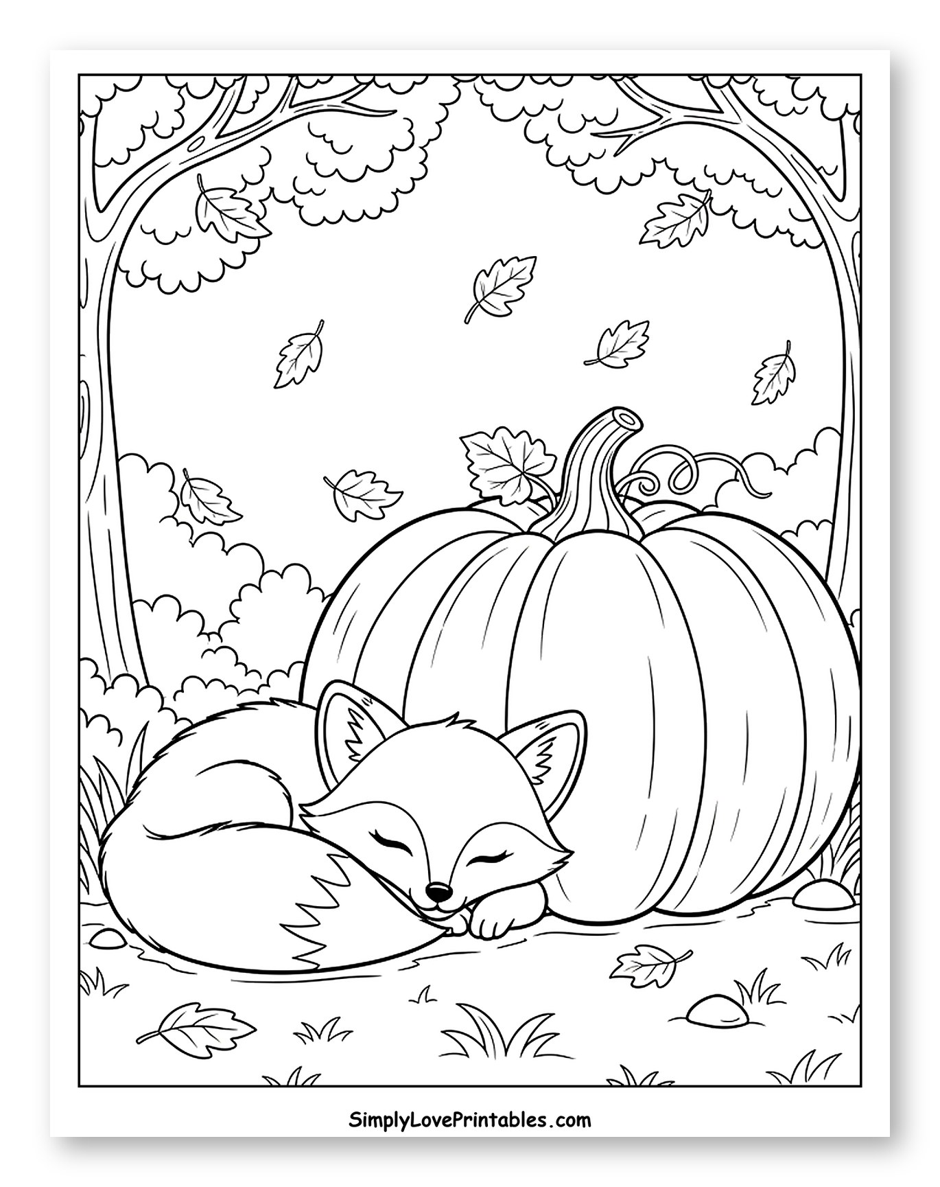 Cute Fox Sleeping by a Big Pumpkin to Color for Kids