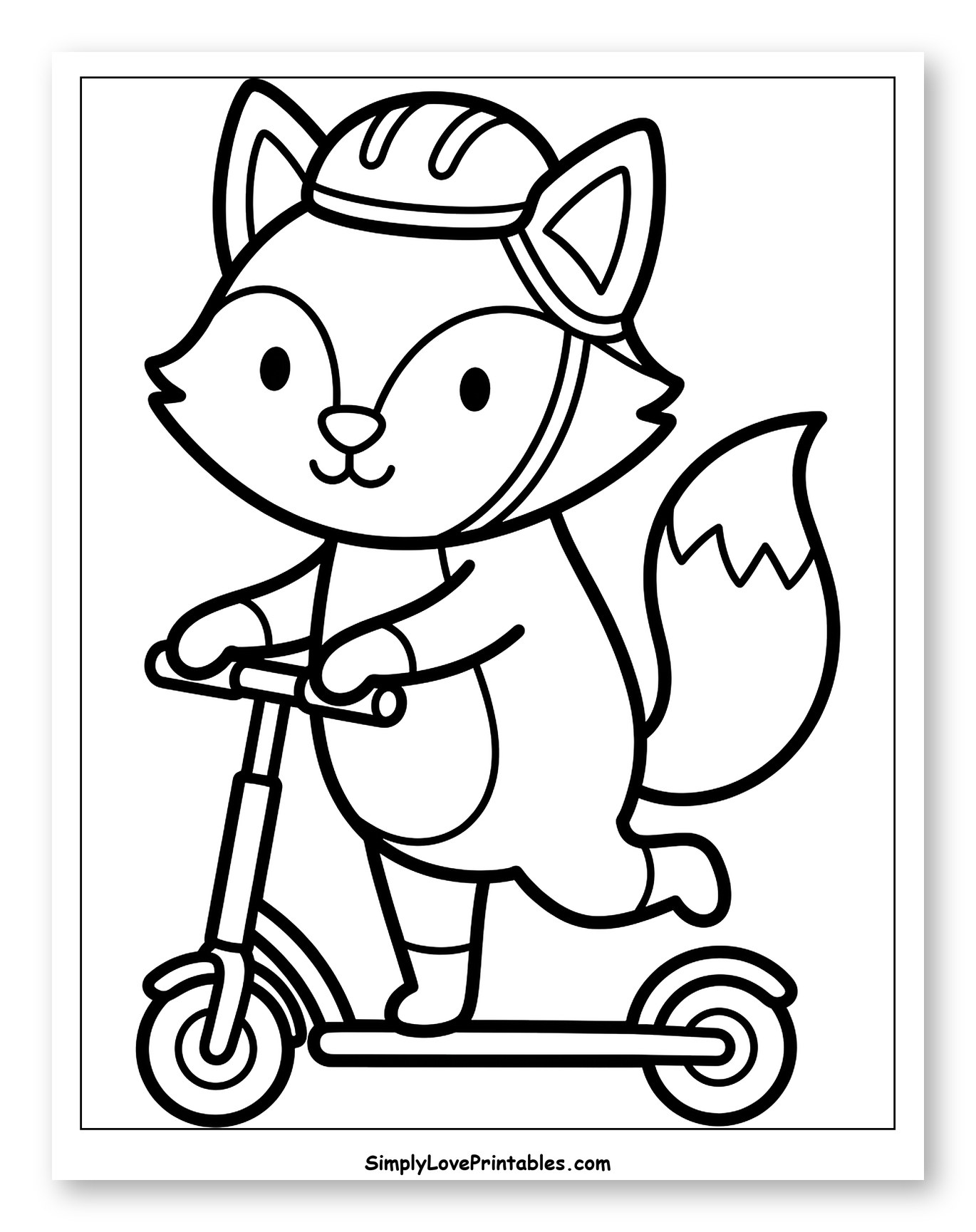 Cute Fox Wearing Helmet Riding Scooter Coloring Sheet for Toddlers