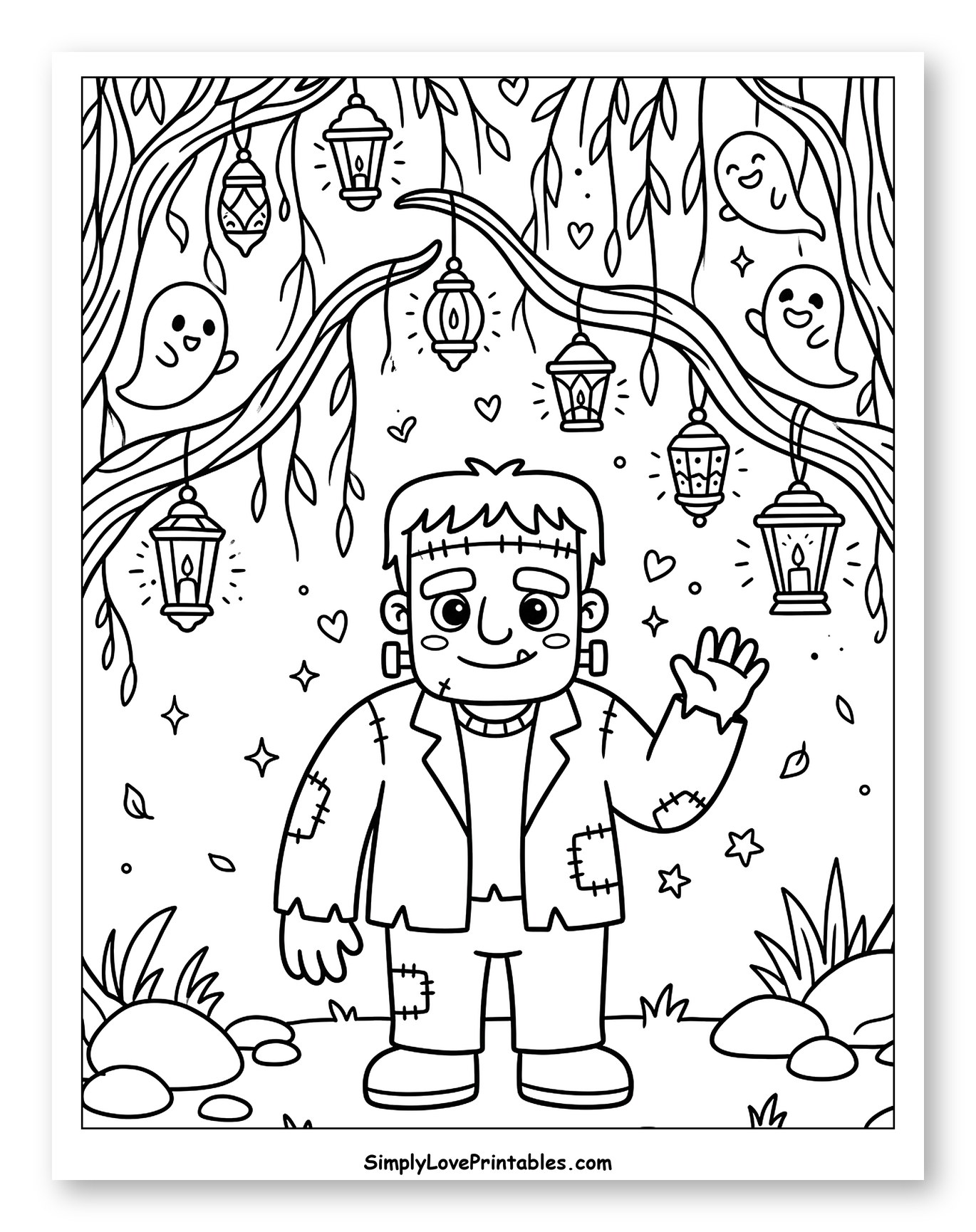 Cute Frankenstein Monster with Ghosts and Lanterns