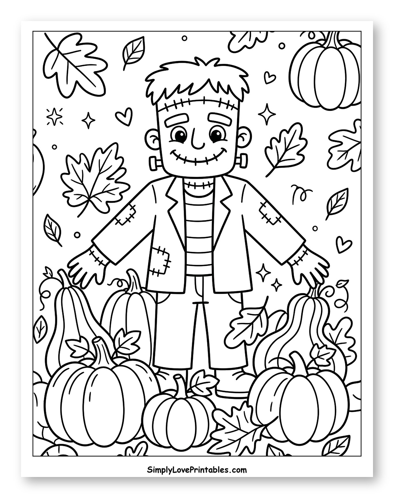Cute Frankenstein Monster with Pumpkins and Leaves