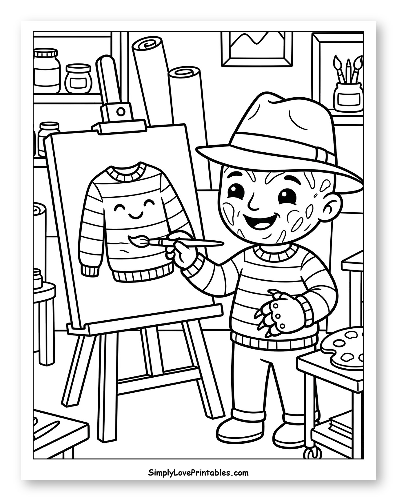 Cute Freddy Krueger Painting Smiling Sweater Coloring Page for Kids