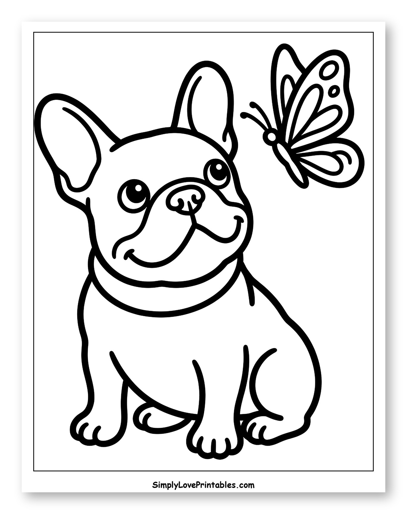 Cute French Bulldog and Butterfly to Color for Toddlers