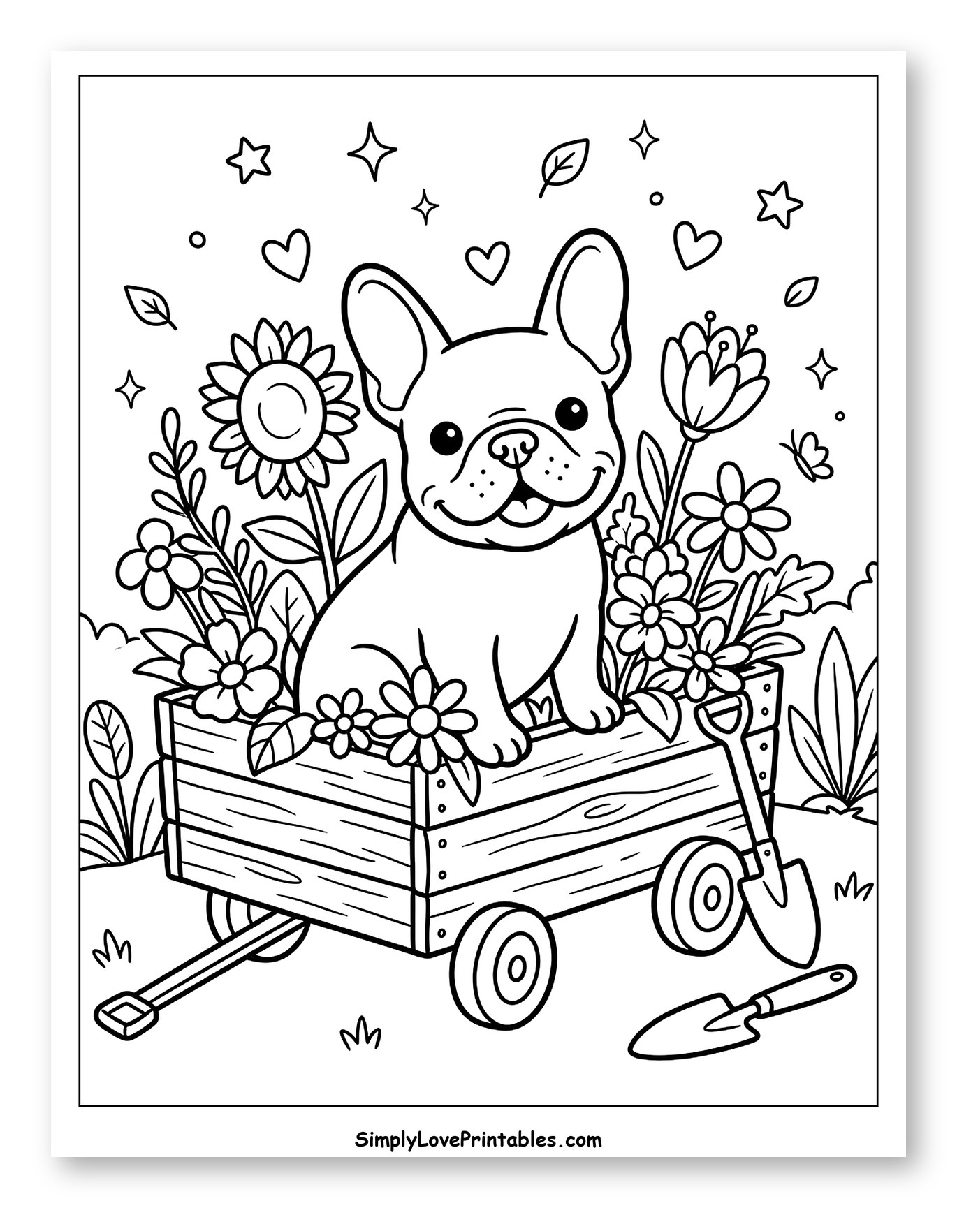 Cute French Bulldog in a Flower Wagon to Color for Adults