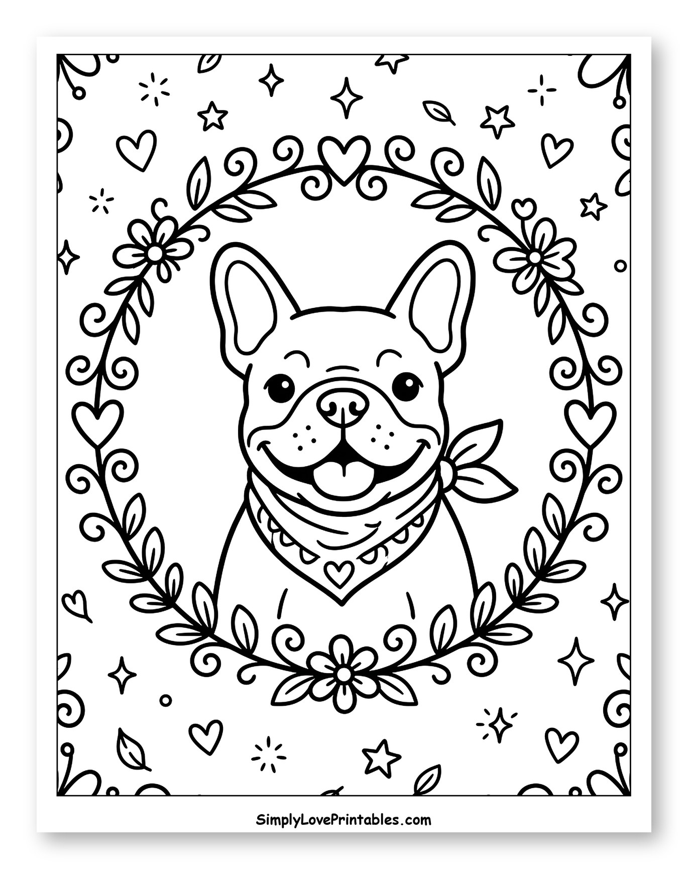 Cute French Bulldog in Floral Wreath to Color for Adults