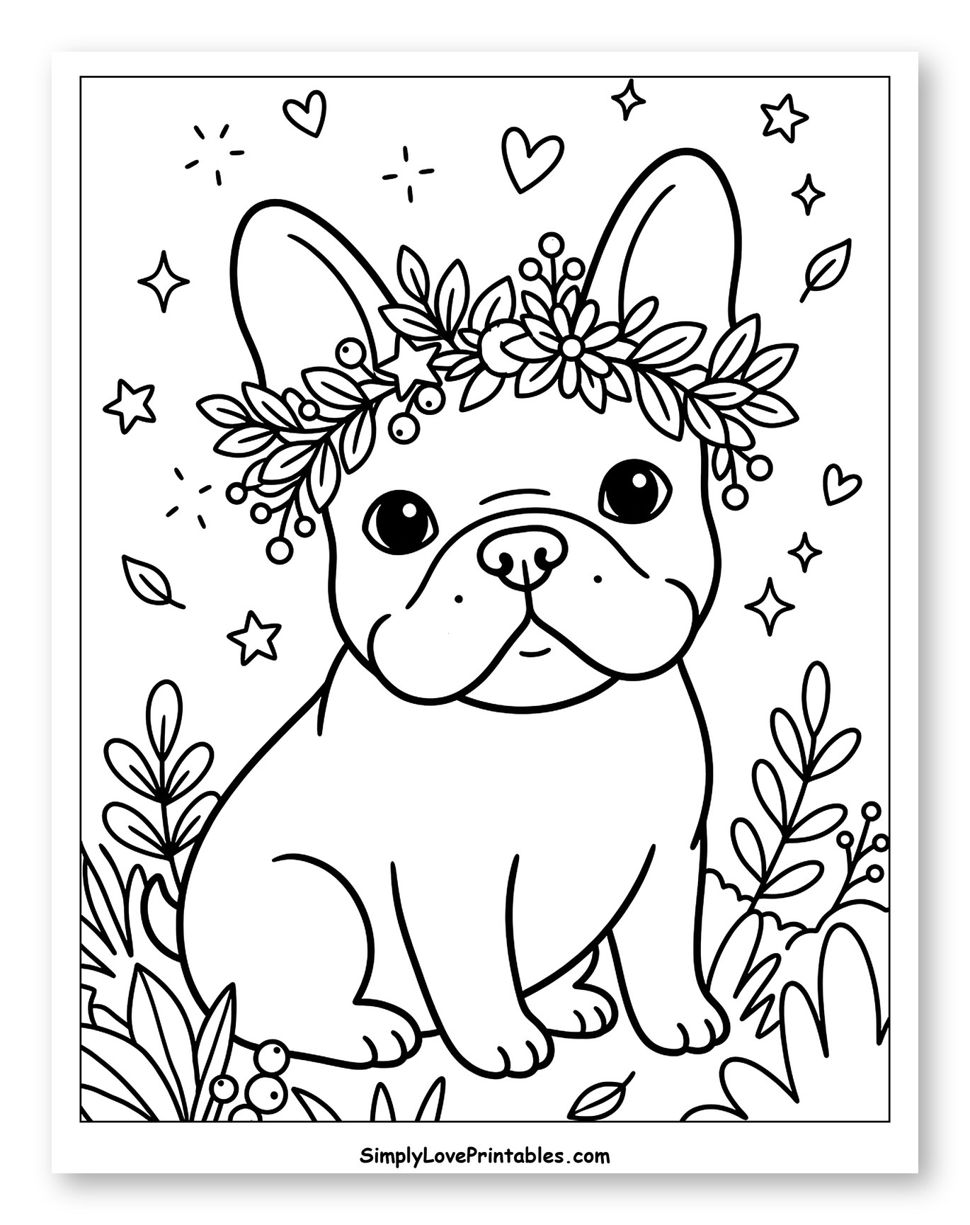 Cute French Bulldog Wearing a Flower Crown Coloring Page for Adults