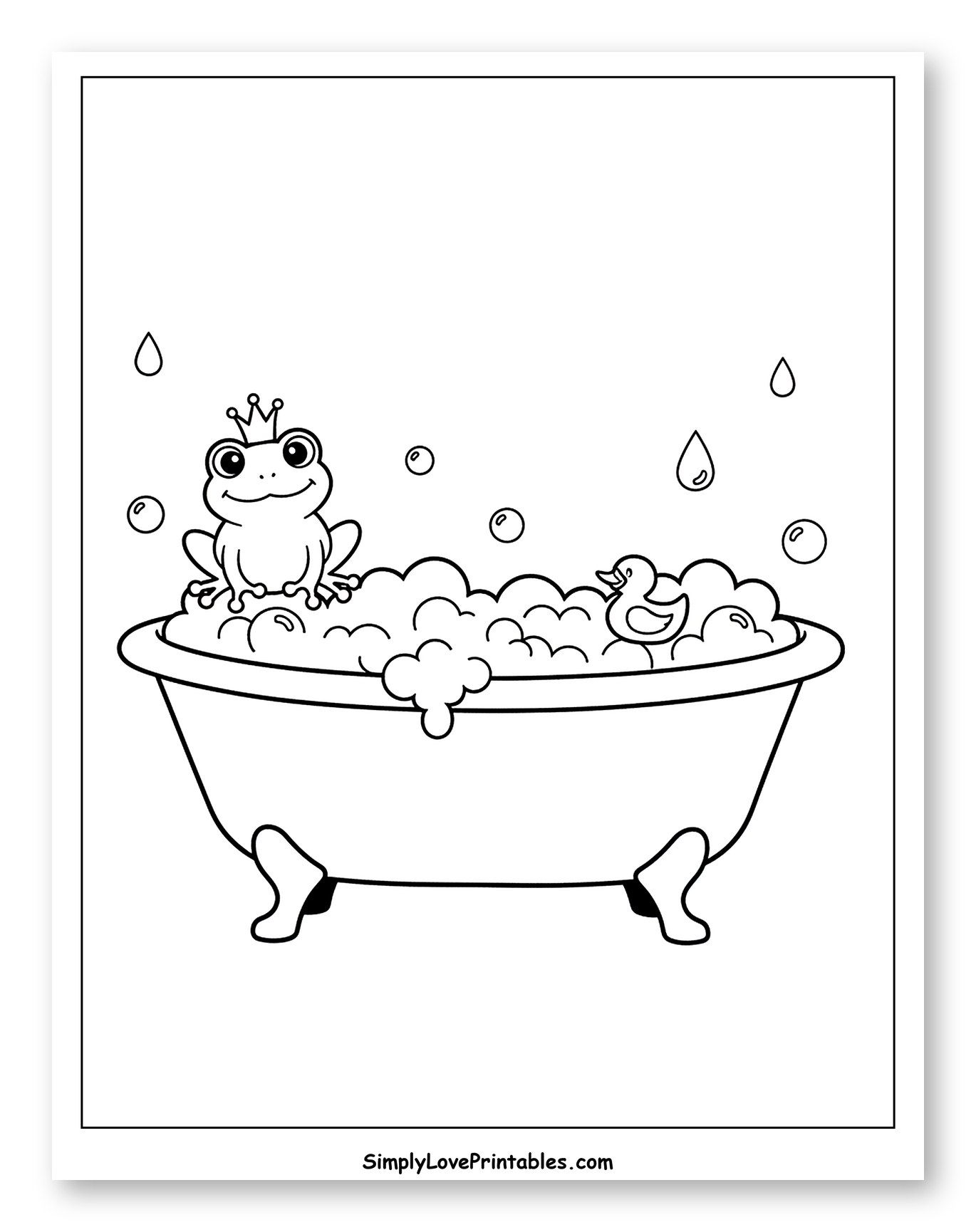 Cute Frog Prince Enjoying a Bubble Bath Coloring Sheet for Toddlers