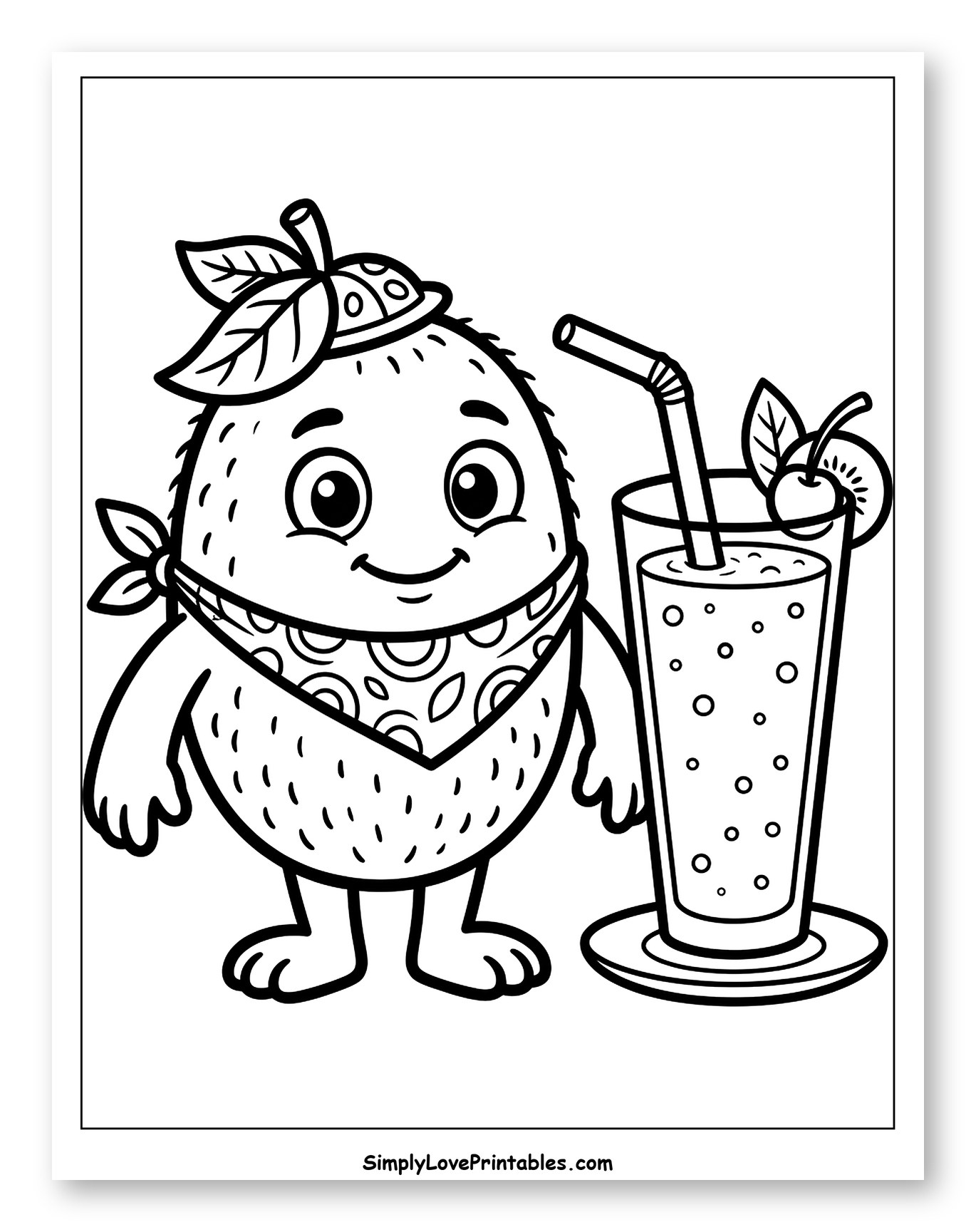 Cute Fuzzy Fruit Character with Smoothie Coloring Page for Toddlers