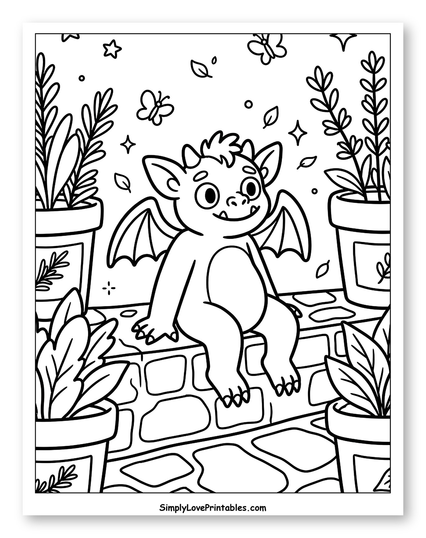 Cute Gargoyle Among Potted Plants and Butterflies