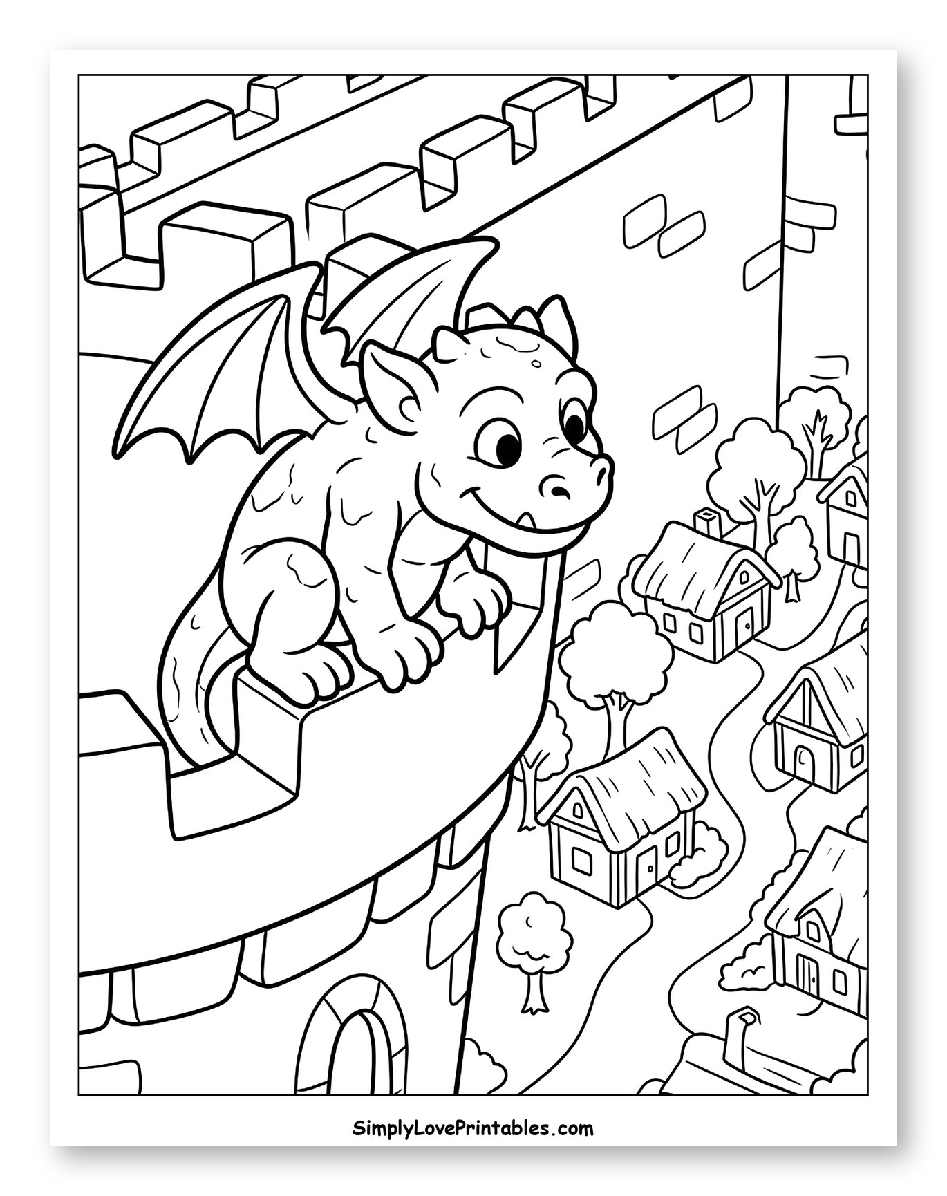 Cute Gargoyle on Castle Wall Overlooking Village