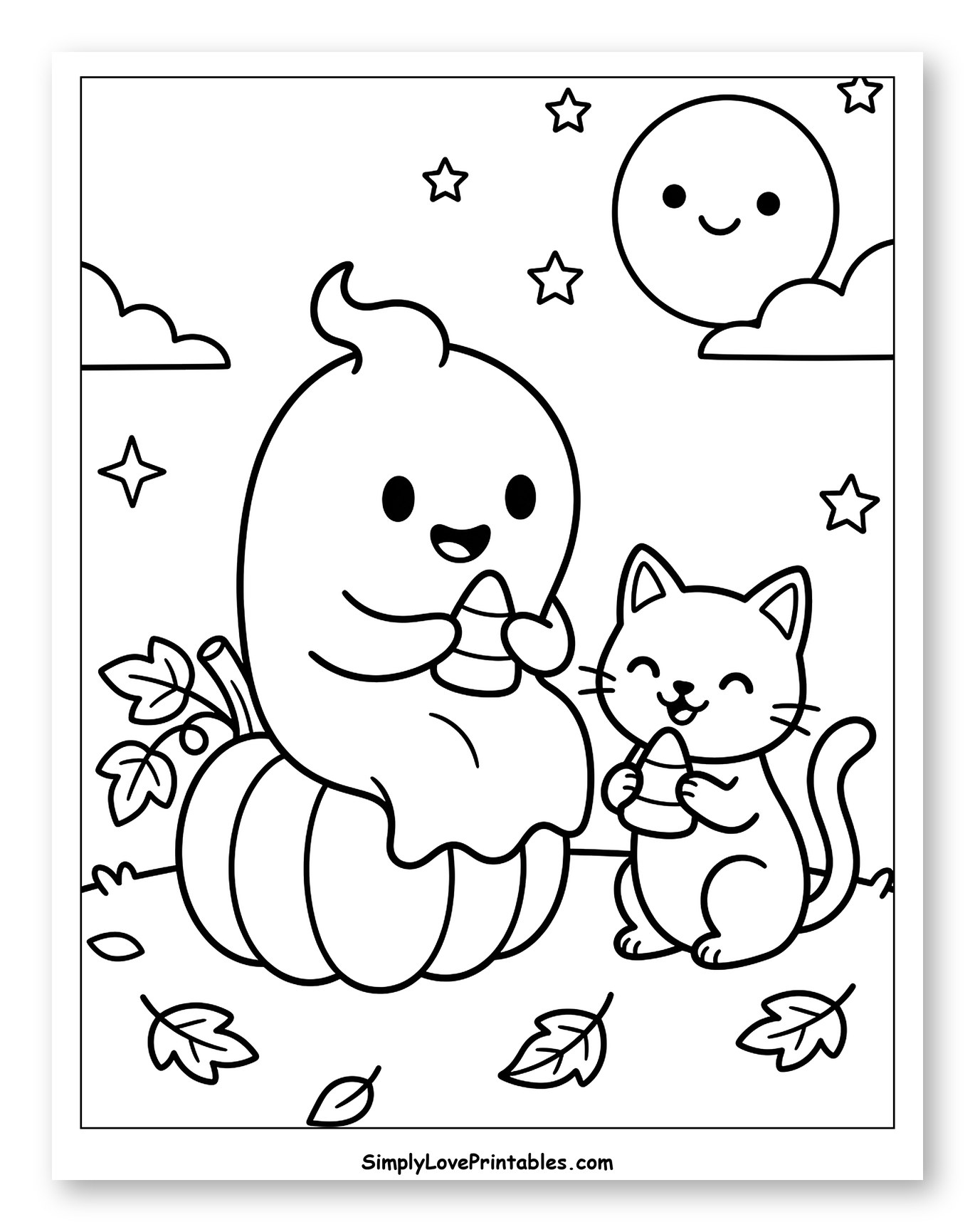 Cute Ghost and Cat Sharing Candy Corn