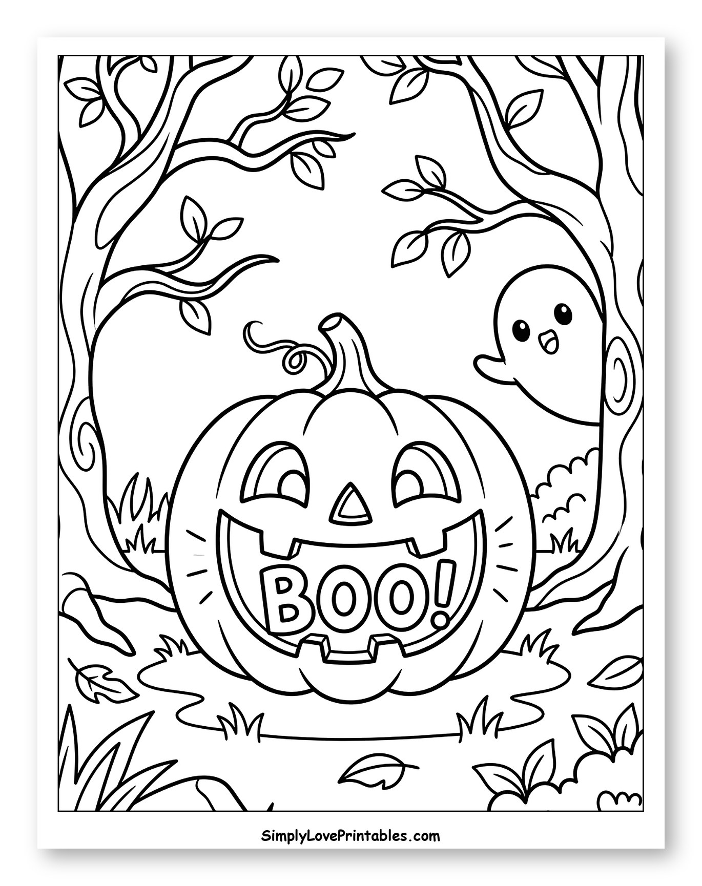 Cute Ghost and Jack-o'-lantern Saying Boo!