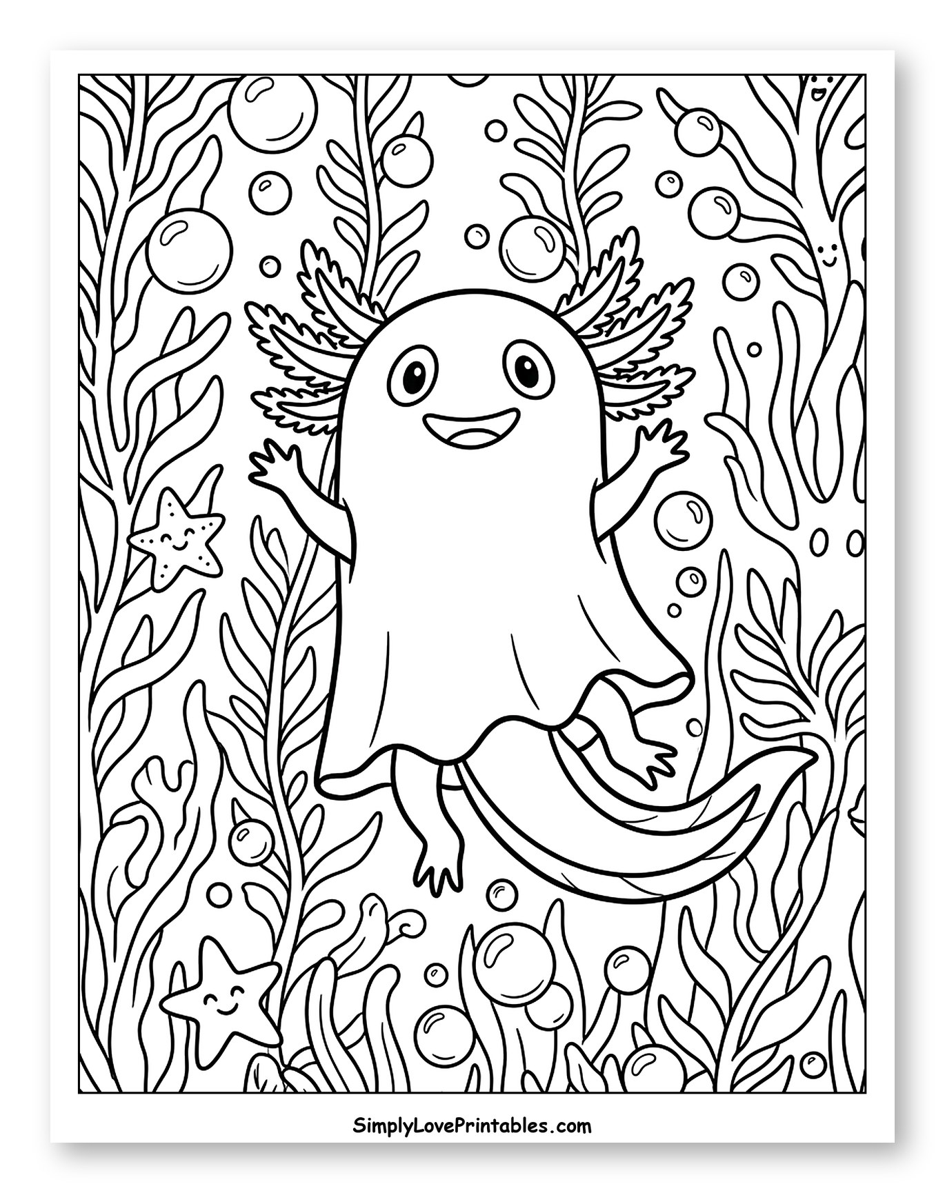 Cute Ghost Axolotl Among Seaweed
