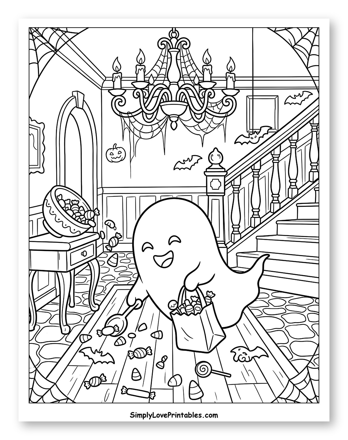 Cute Ghost Collecting Candy in Spooky Haunted House