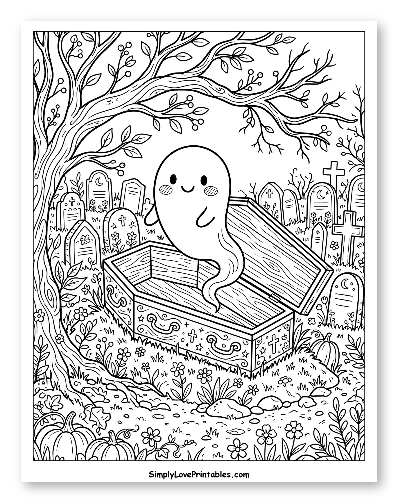 Cute Ghost Emerging from Coffin in Graveyard to Color for Kids