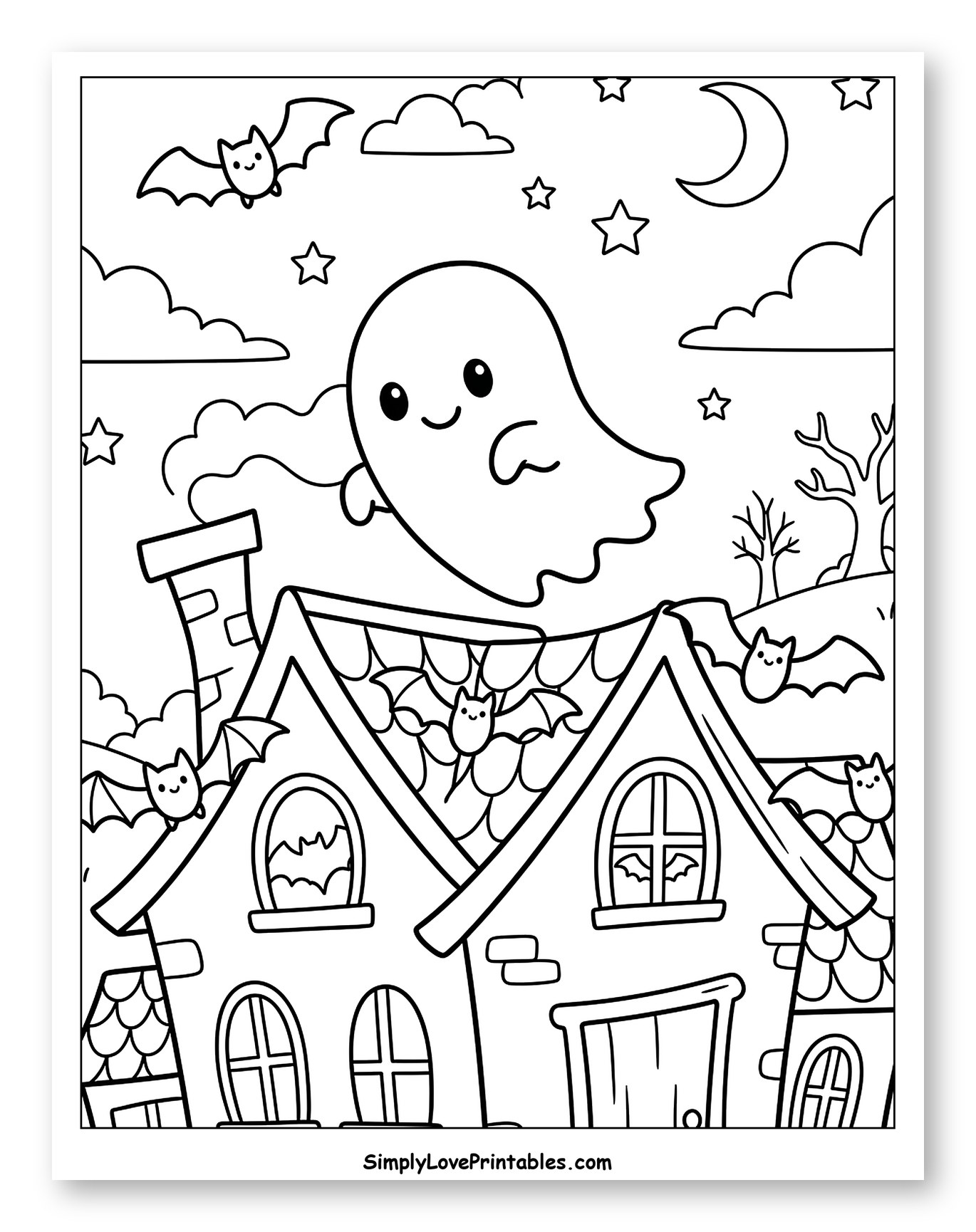 Cute Ghost Floating Above a Haunted House