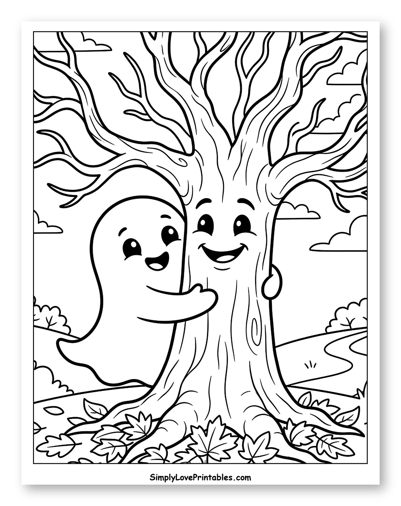 Cute Ghost Hugging an Autumn Tree