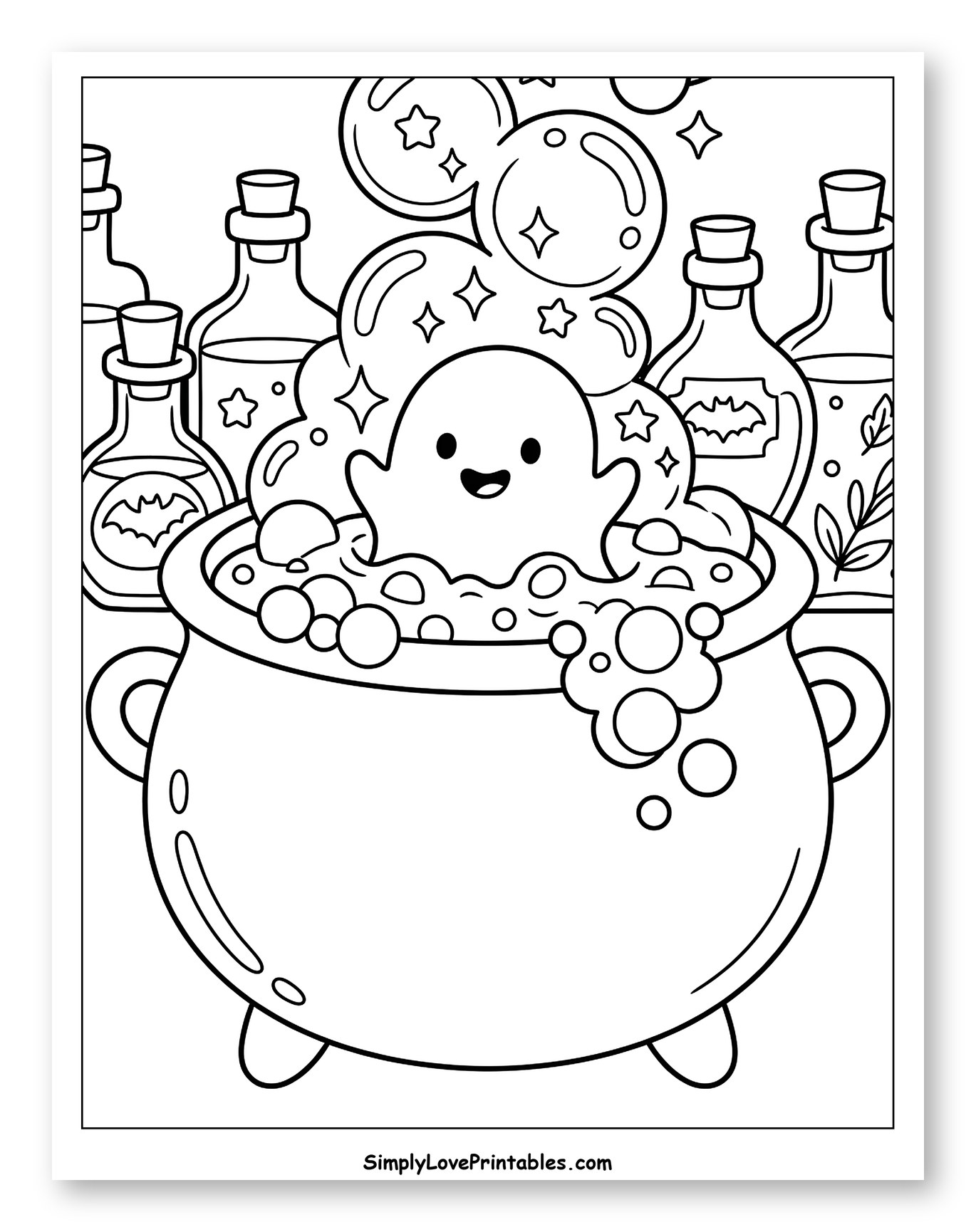 Cute Ghost in a Halloween Cauldron to Color for Kids