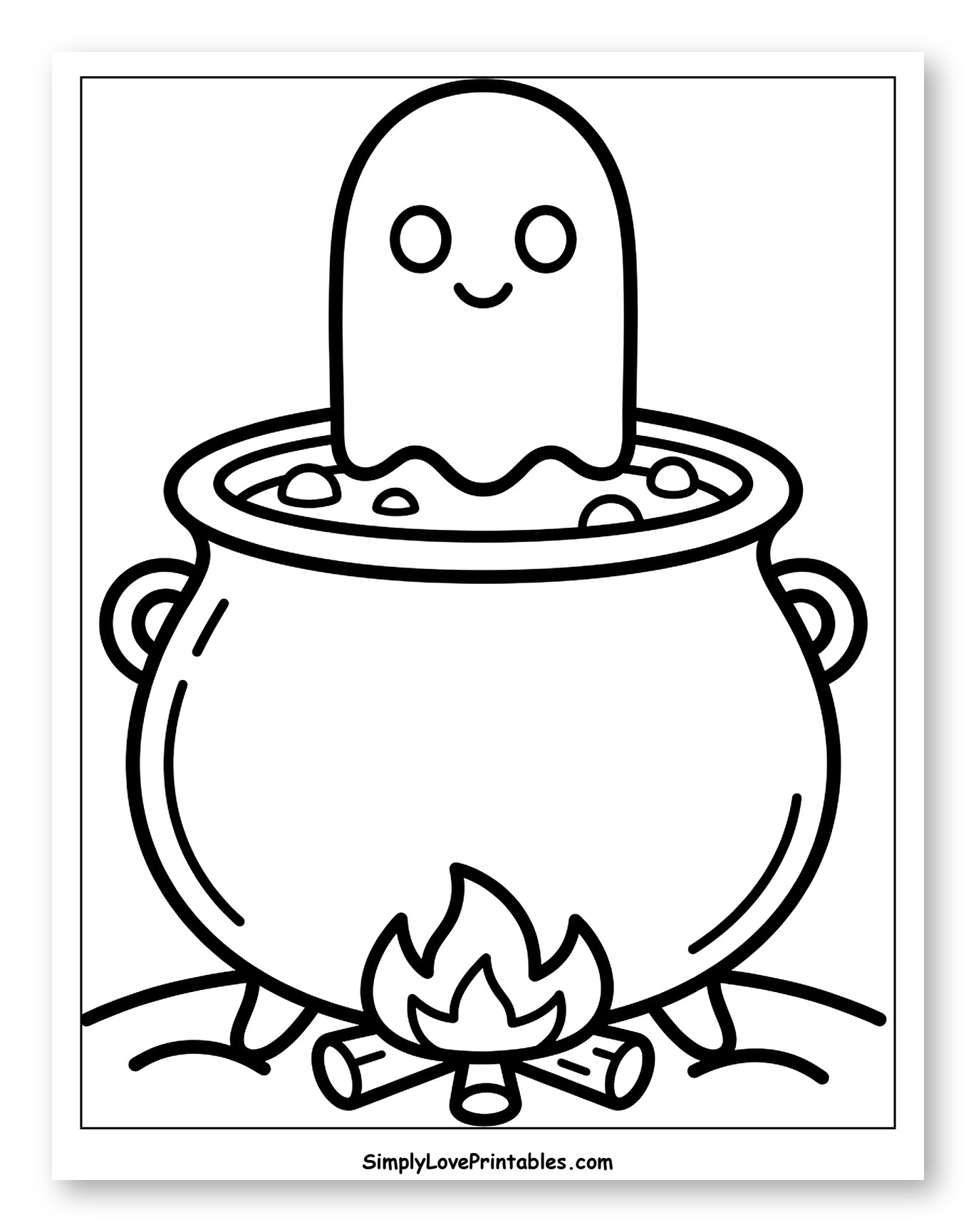 Cute Ghost in Cauldron Over Campfire