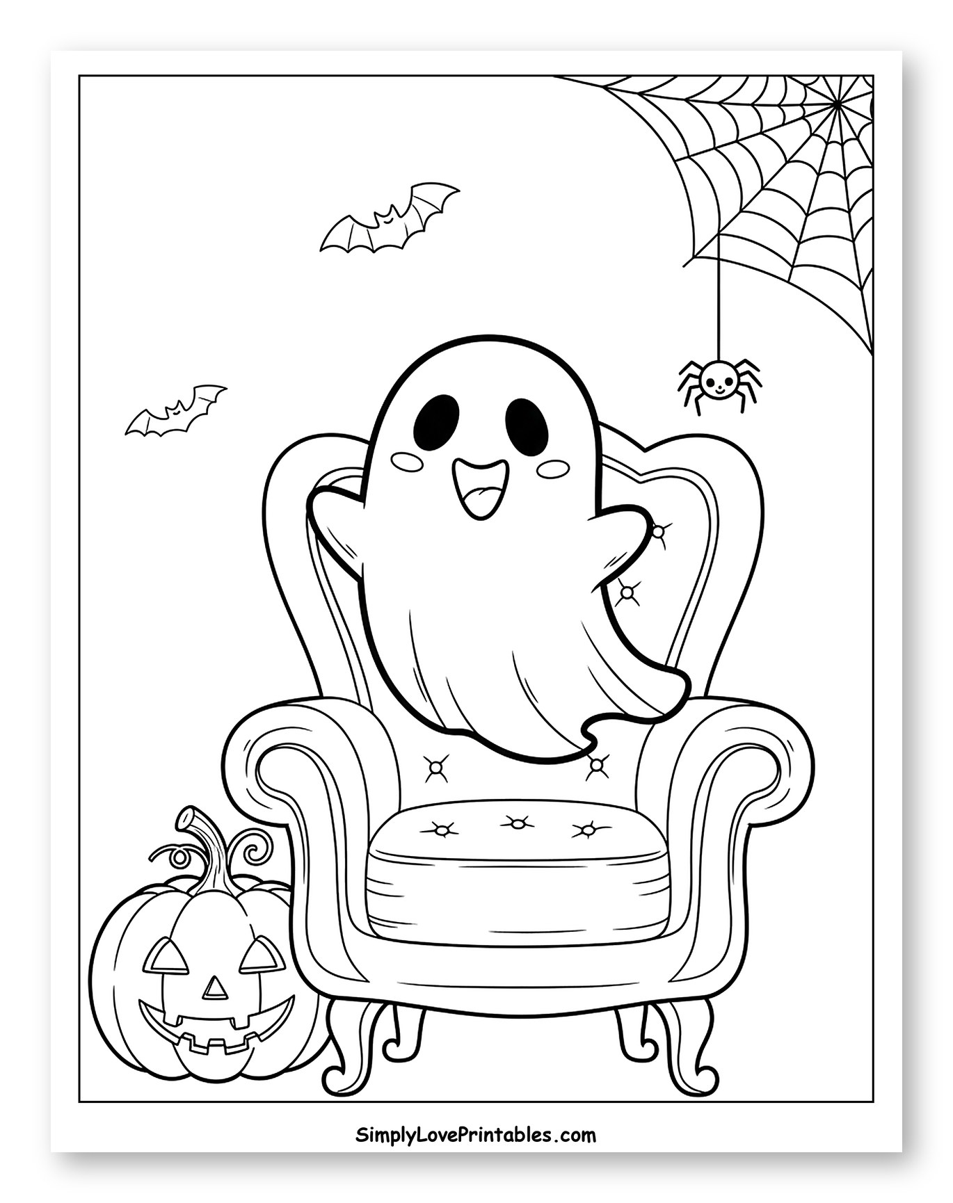 Cute Ghost on Chair with Halloween Decor