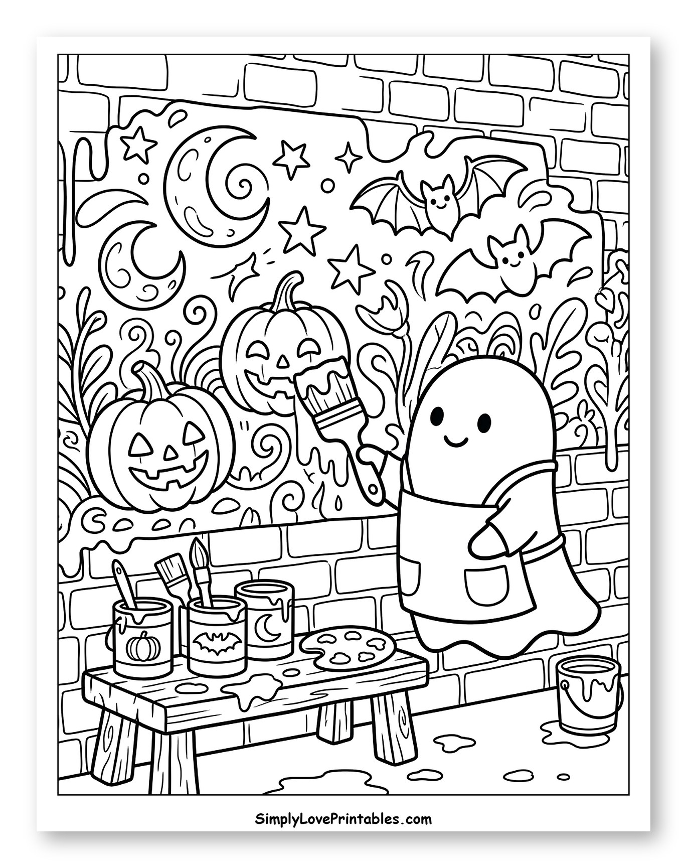 Cute Ghost Painting a Halloween Mural