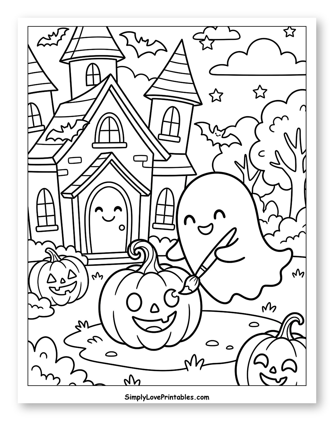Cute Ghost Painting Pumpkins at a Haunted House to Color for Kids