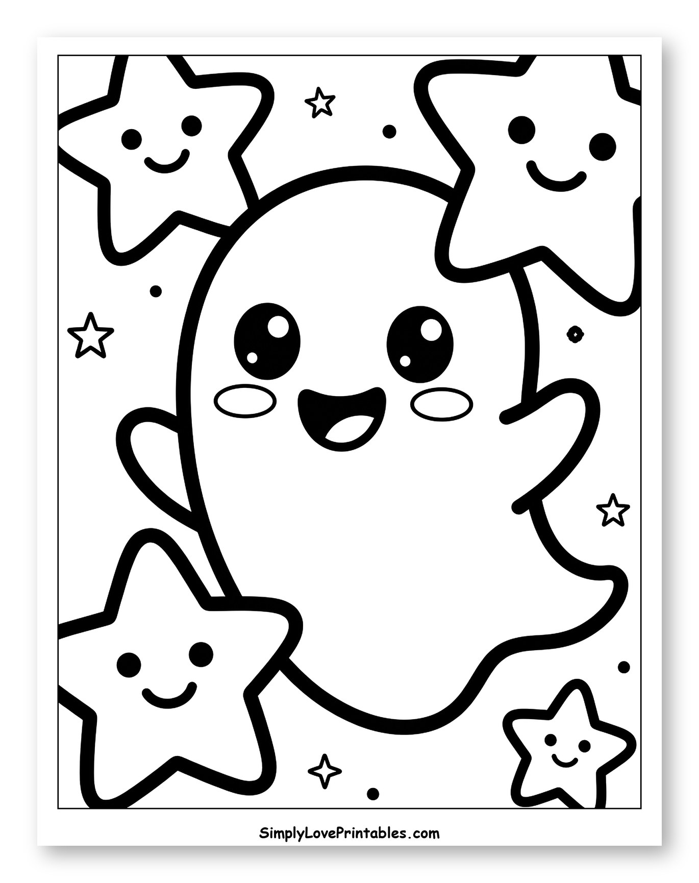 Cute Ghost Surrounded by Smiling Stars Coloring Page for Toddlers
