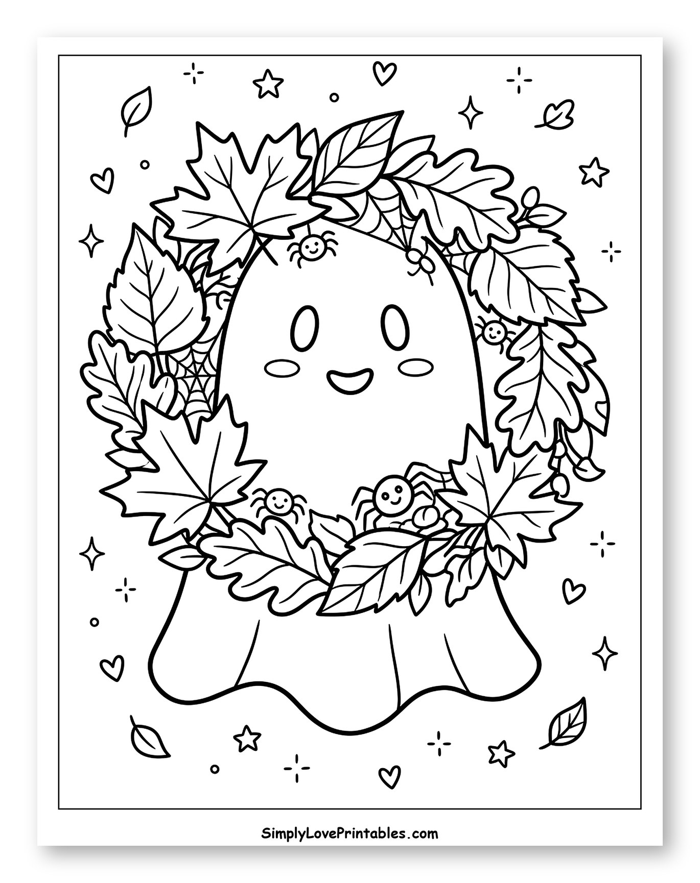 Cute Ghost with Autumn Leaf Wreath