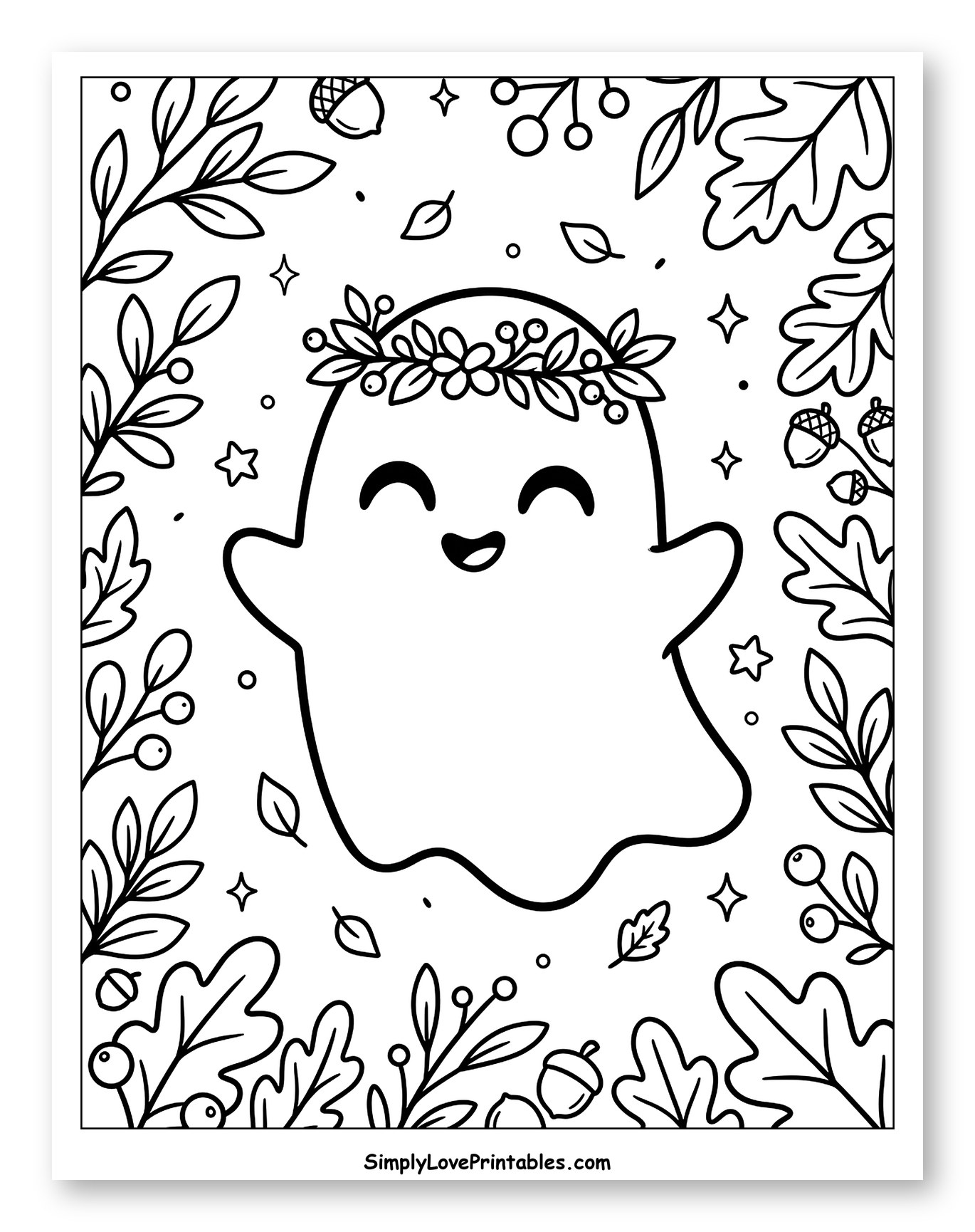 Cute Ghost with Flower Crown and Autumn Leaves