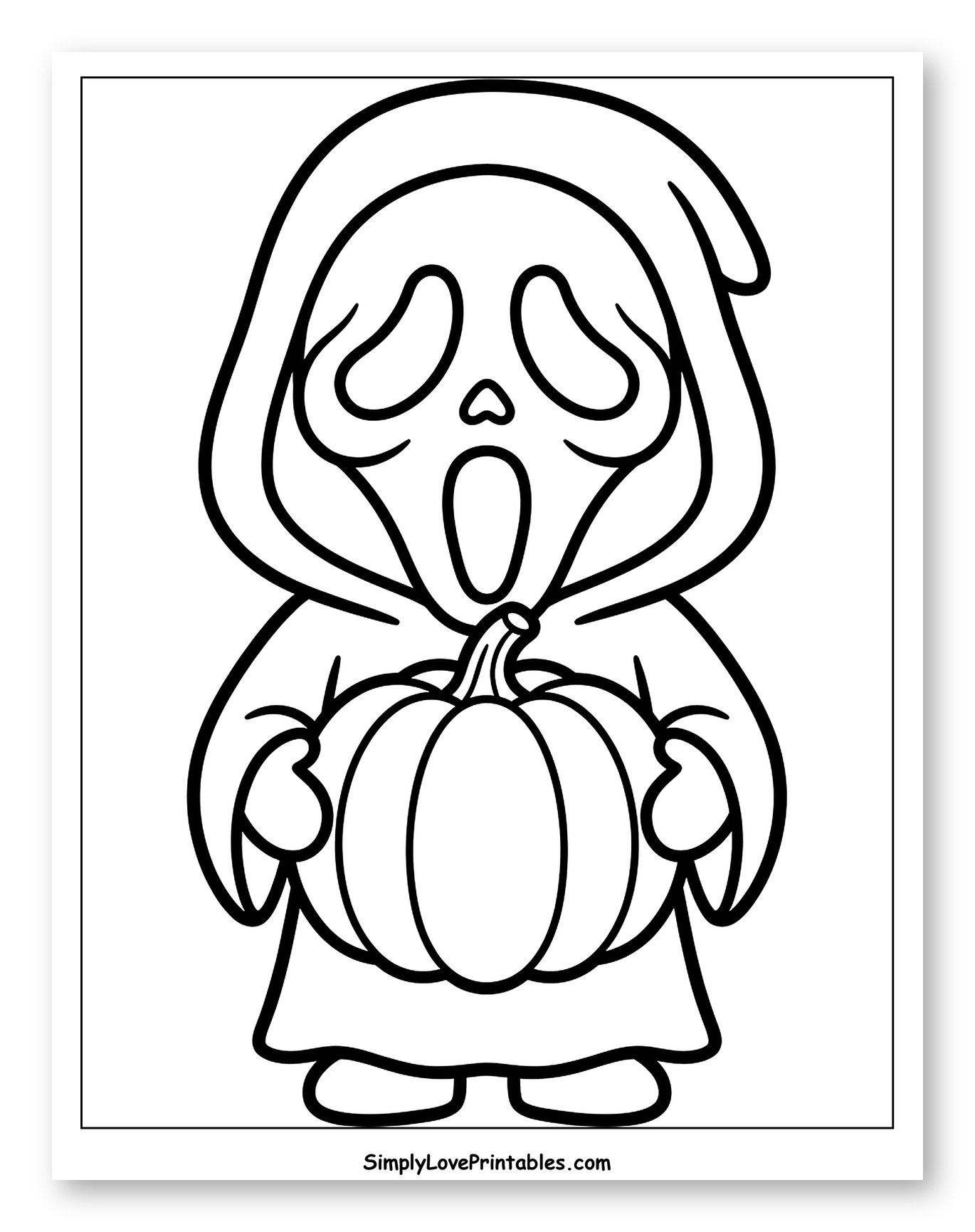 Cute Ghostface Character Holding a Halloween Pumpkin Coloring Sheet for Toddlers