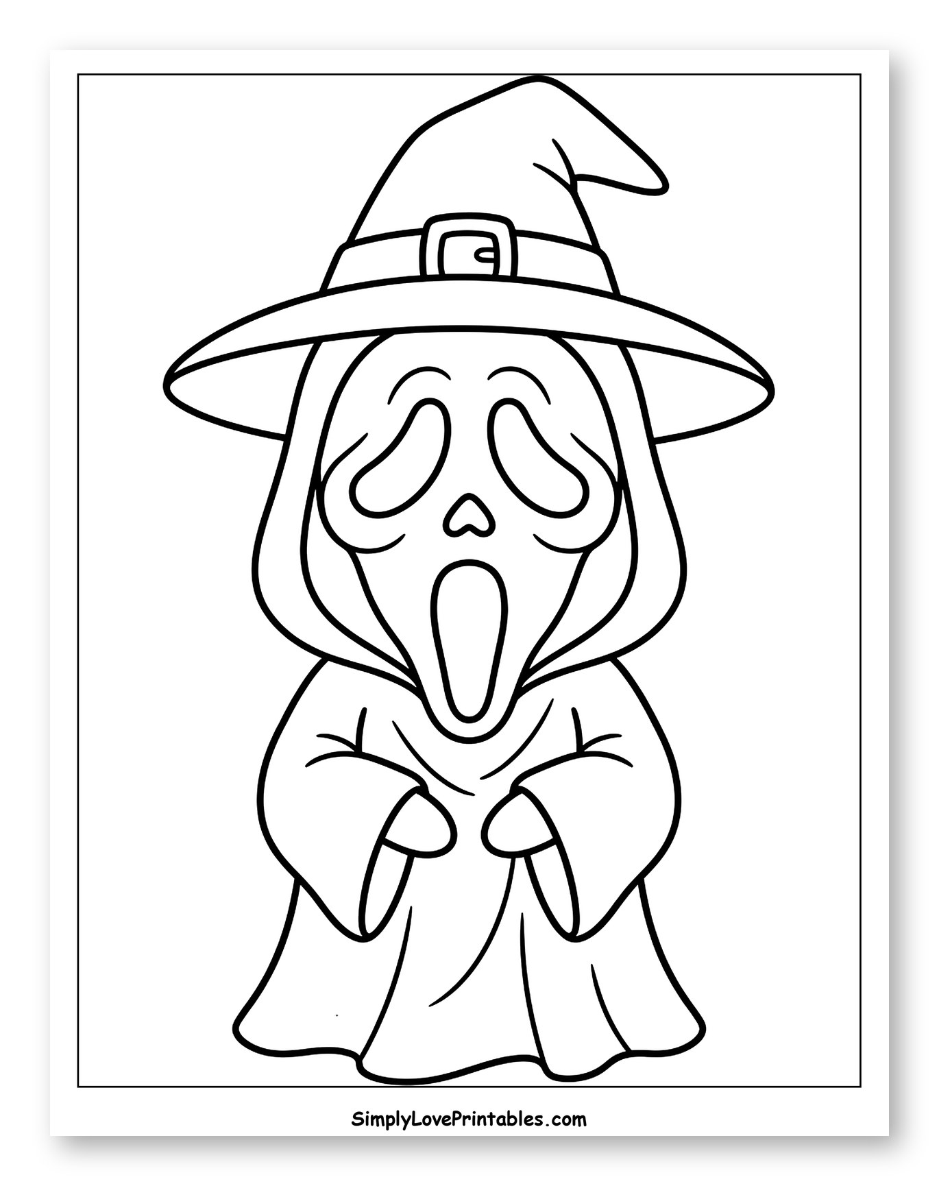 Cute Ghostface Wearing a Witch Hat Coloring Sheet for Toddlers