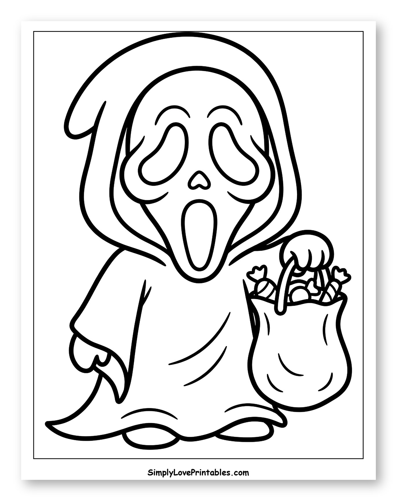Cute Ghostface with Trick-or-Treat Candy Bag to Color for Toddlers