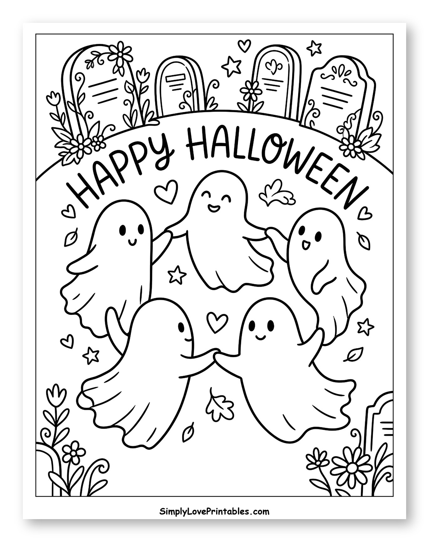 Cute Ghosts Dancing Happy Halloween Coloring Sheet for Adults