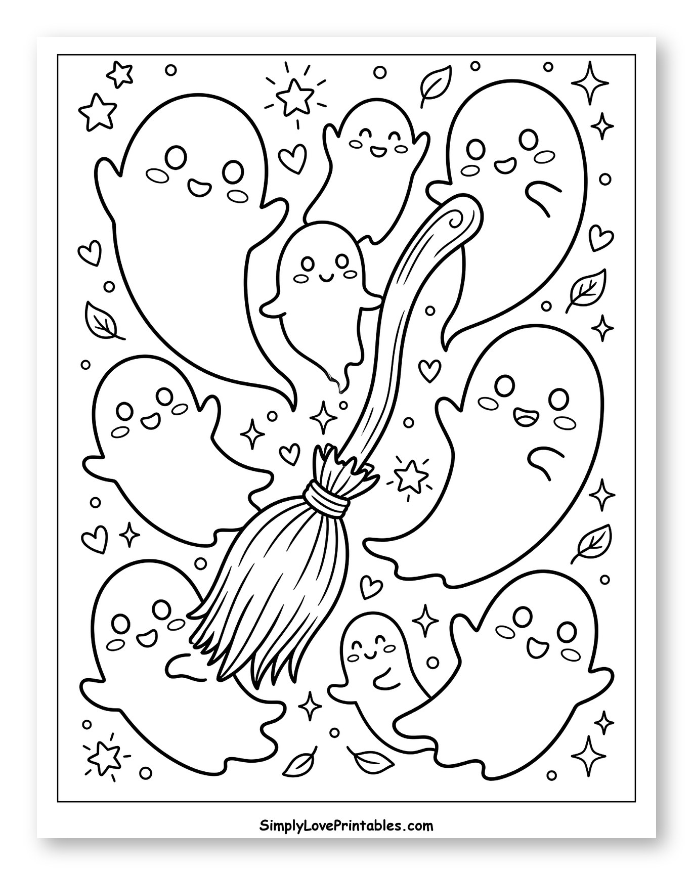Cute Ghosts Flying Around a Broomstick to Color for Adults